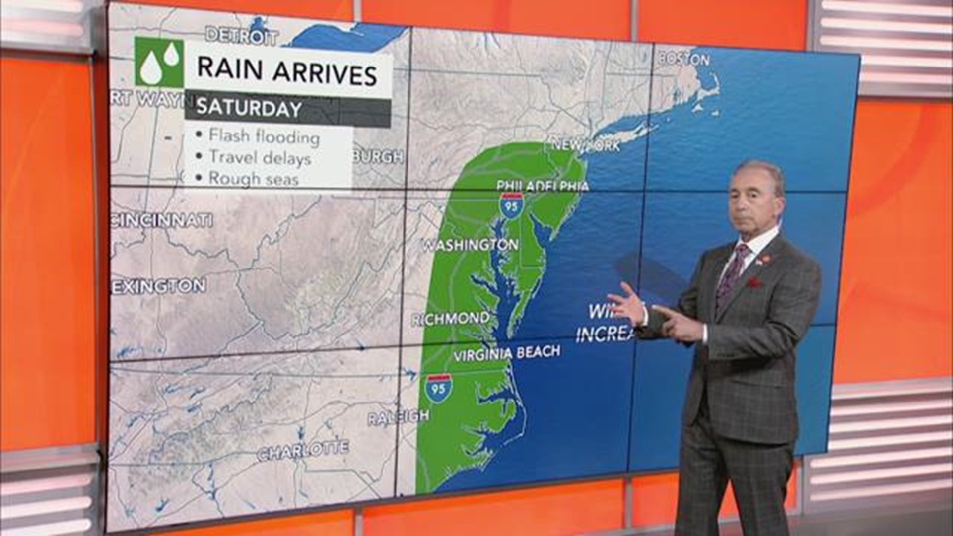A storm will spread a soaking rain and unleash strong winds along the mid-Atlantic coast and into New England.