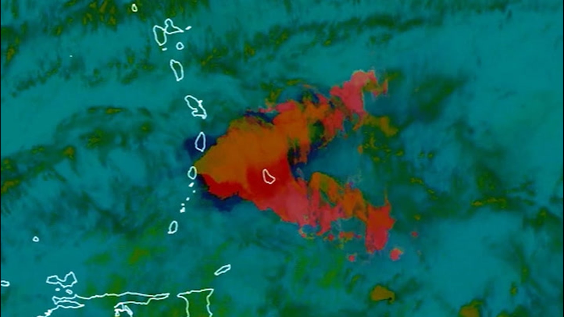 A satellite detecting sulfur dioxide shows the La Soufrière volcano erupting over and over between April 9 and April 12, from St. Vincent and the Grenadines.