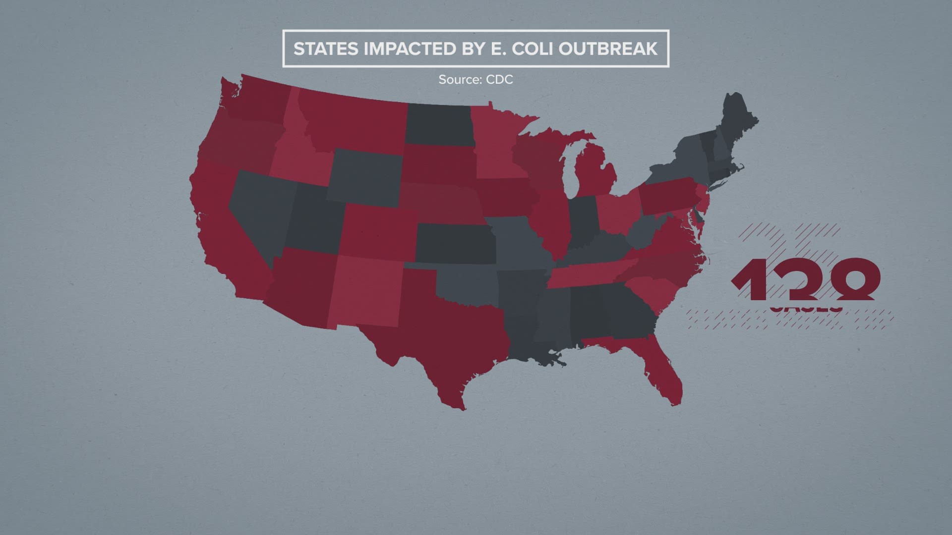 25 states impacted by the Romaine lettuce E. coli outbreak.
