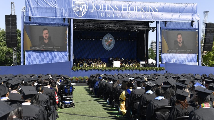 Ukrainian President Volodymyr Zelenskyy delivers surprise commencement speech to Johns Hopkins