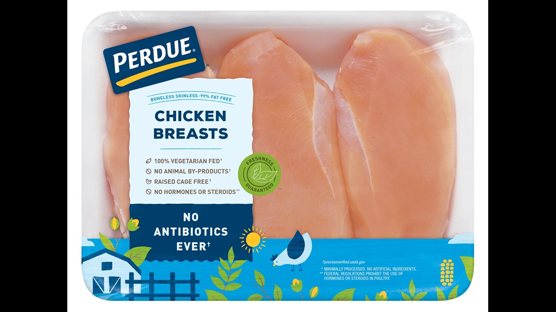 Perdue's new packaging features a blue cartoon chicken. Her name is Pearl.  