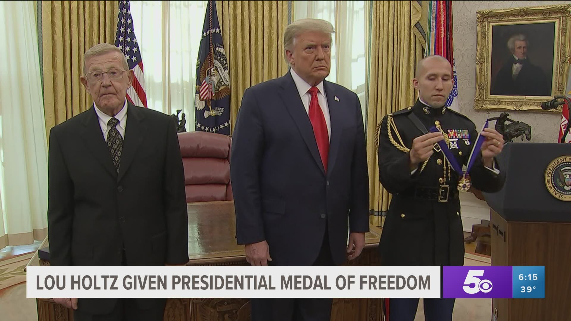 Former University of Arkansas head coach Lou Holtz was given the Presidential Medal of Freedom Thursday (Dec. 3).
