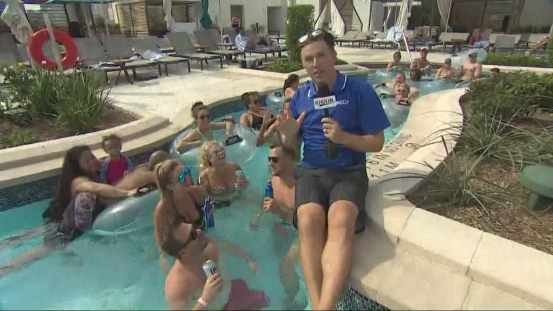 KHOU 11 Meteorologist Brooks Garner is beating the heat at the Texas-shaped lazy river at the Marriott Marquis downtown.