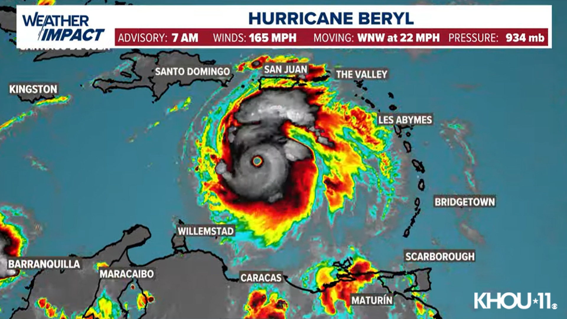 Hurricane Beryl continues to head west-northwest as it makes its way toward Jamaica as a Cat. 5 storm.