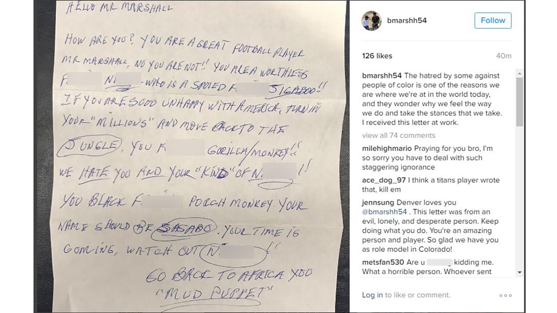 Broncos' Brandon Marshall shares racist, threatening letter he