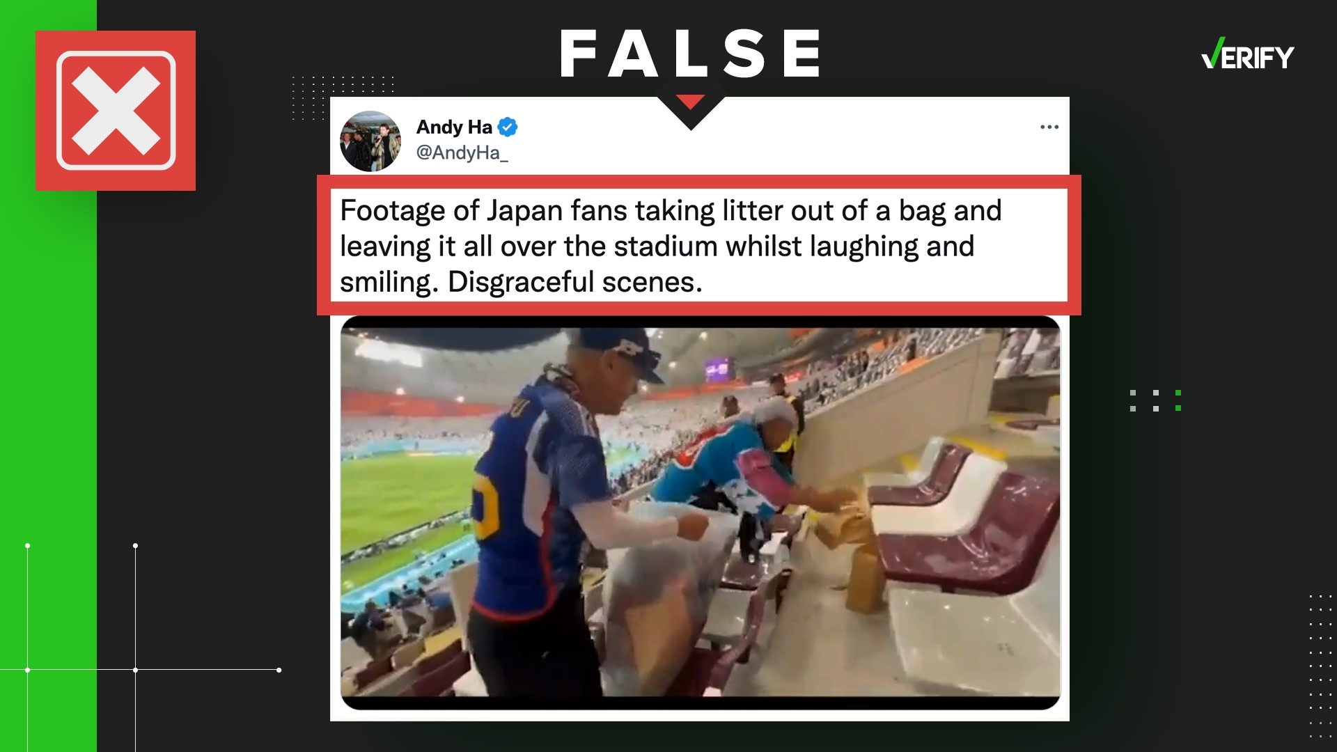 A viral video was reversed to claim Japanese fans were spreading trash in a World Cup stadium. The fans were actually picking up trash.