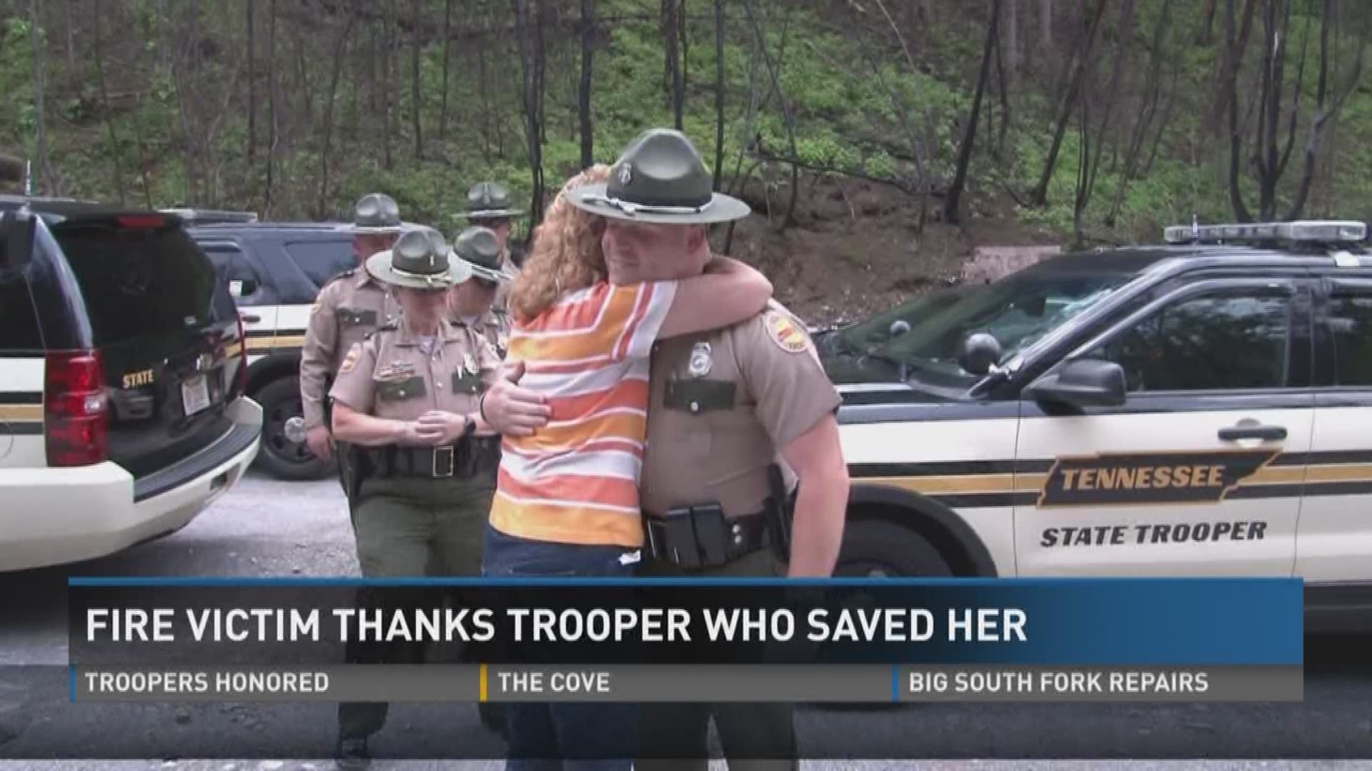 Linda Morrow thanks state trooper Stephen Barclay six months after she was carried down Baskins Creek Road in Gatlinburg.