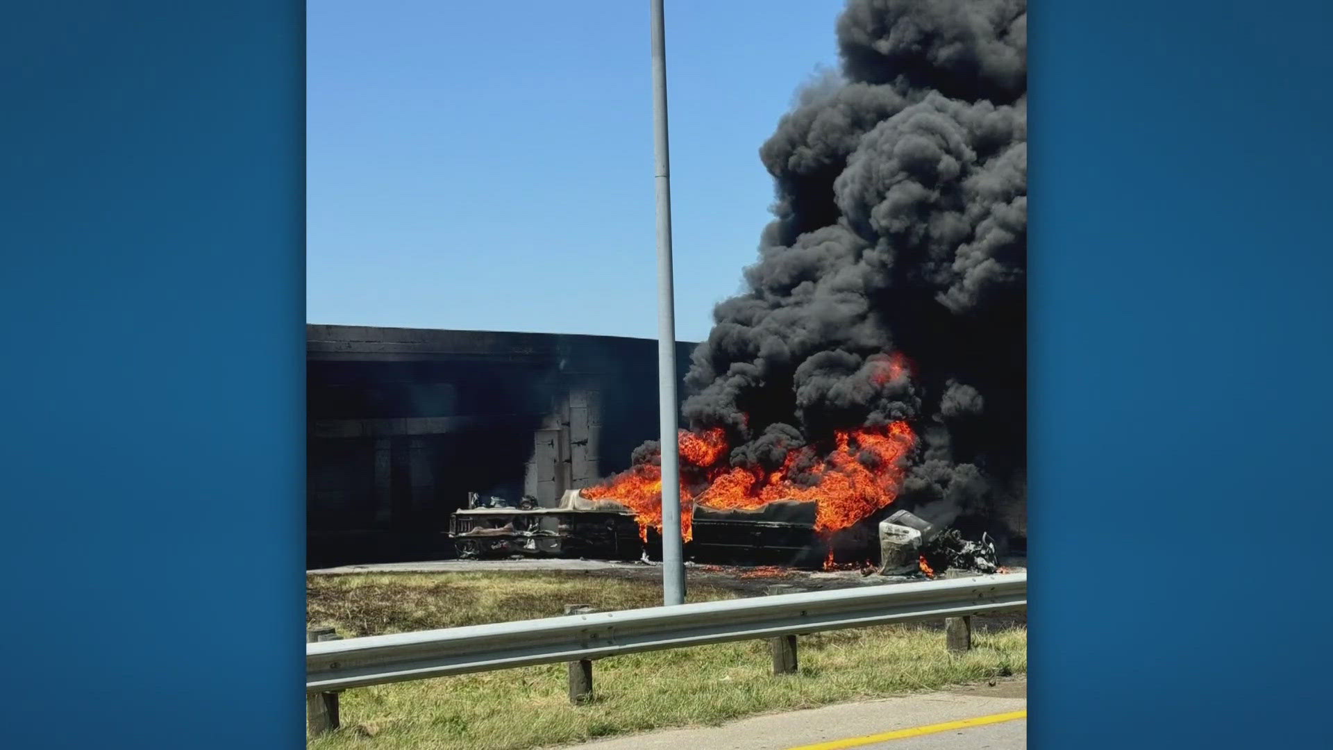 A tanker carrying thousands of gallons of fuel overturned on Interstate 270 in Columbus, Ohio, creating a massive fire. Via: UGC.