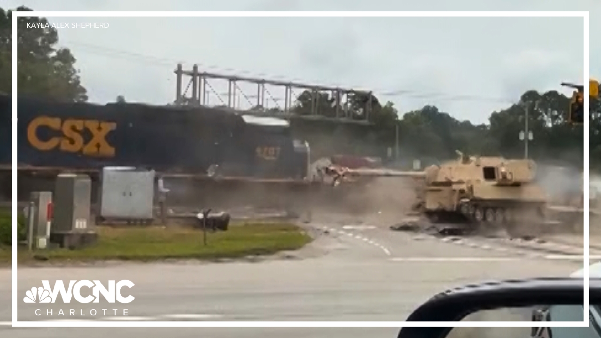 A CSX train hit a tank, that was being carried on a truck, at a railroad crossing in Goose Creek, South Carolina on Thursday.