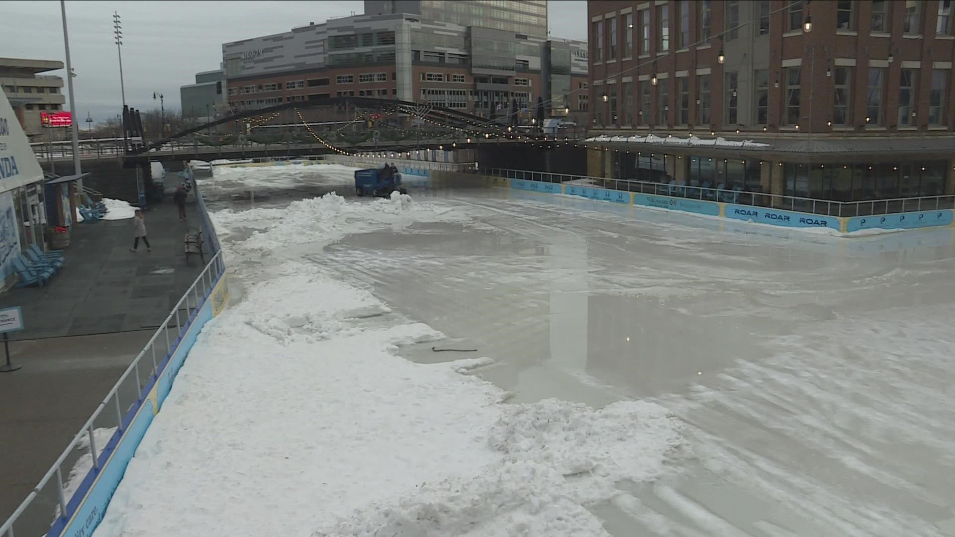Crews did get the extra snow cleared off from the rink on Friday, but now they are working on melting and scraping down the rink.