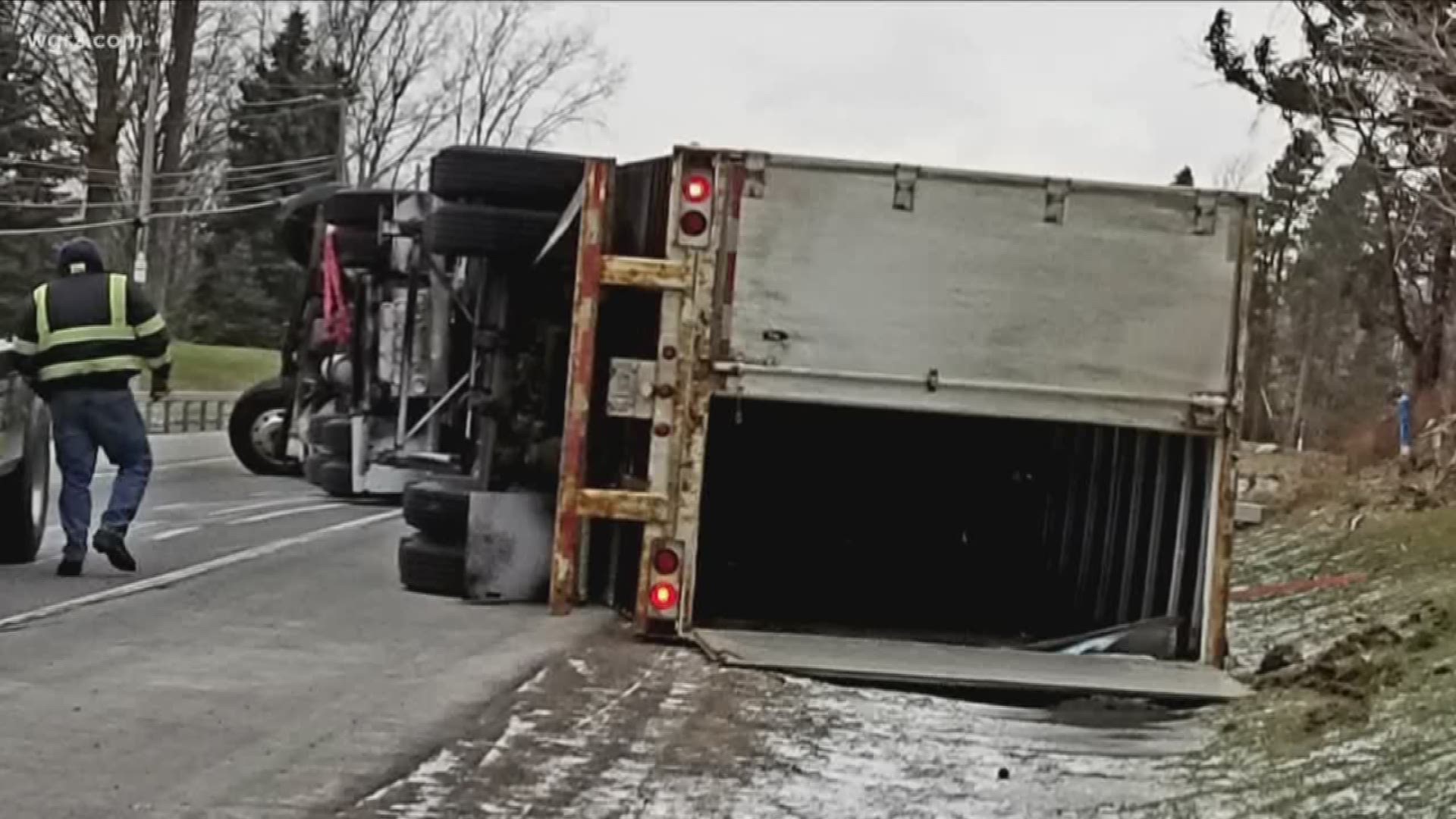 High winds cause tractor trailer to roll over on Route 77 in Corfu.