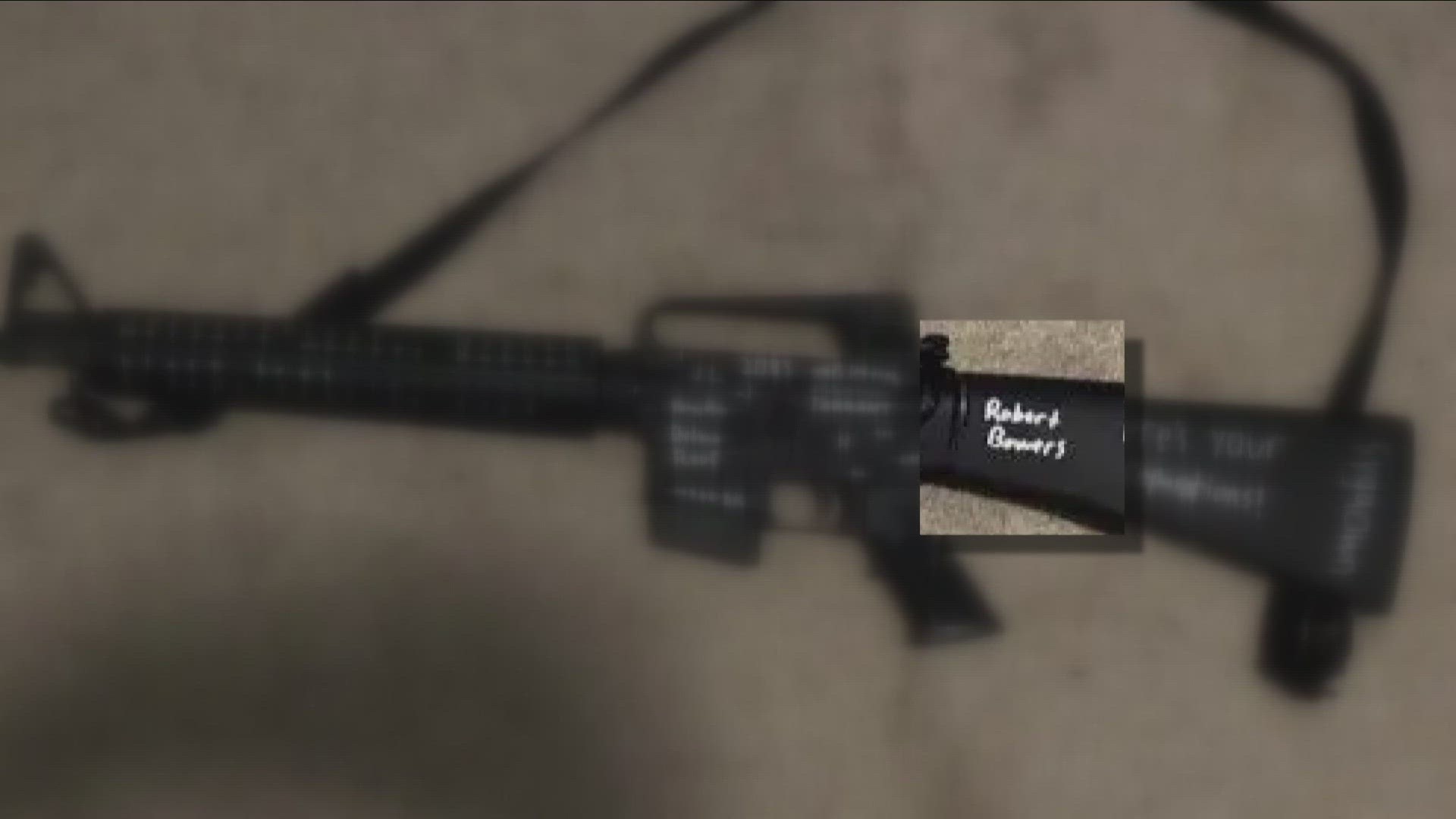 the incredible image showing Robert Bowers name actually scribbled on the rifle used by the Buffalo shooter...
