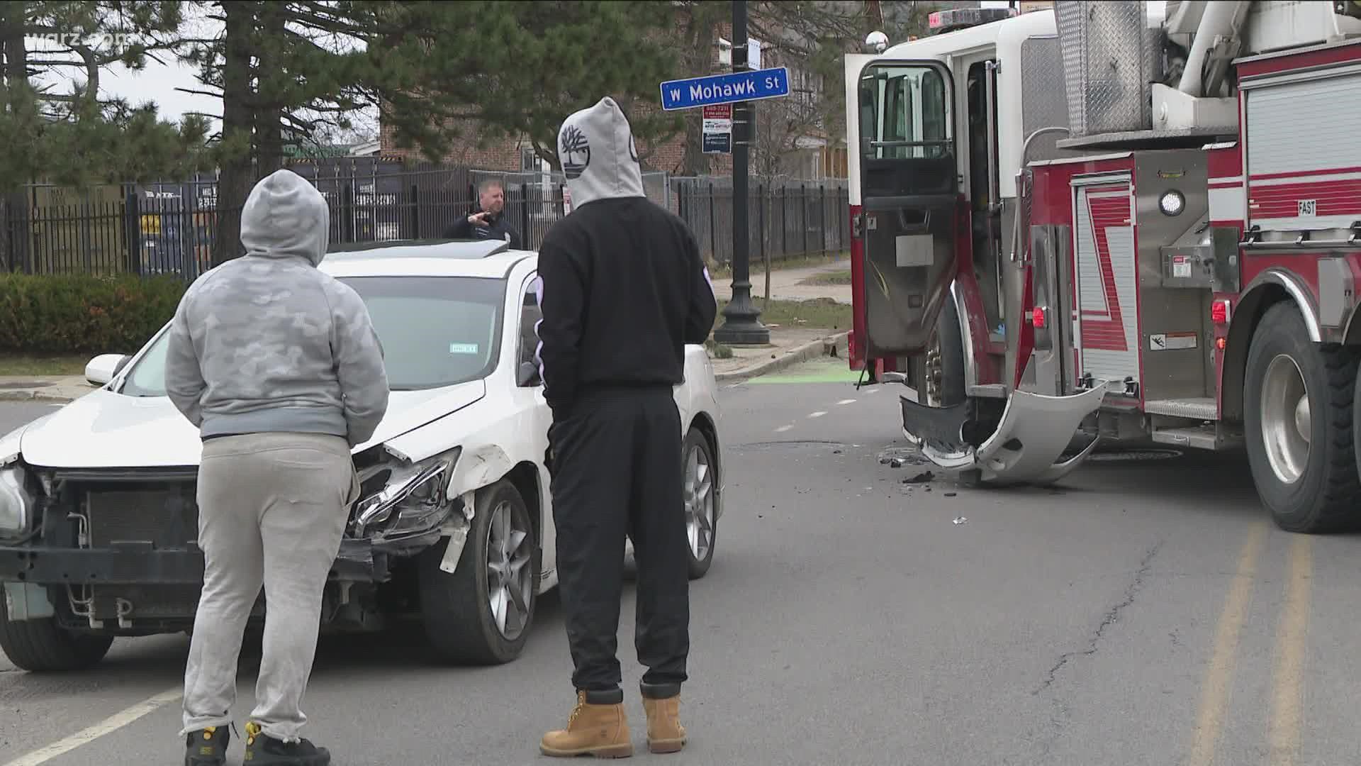 A fire truck and car collided this afternoon in the city of Buffalo on Niagara St. The car and truck sustained some damage but no injuries were reported.