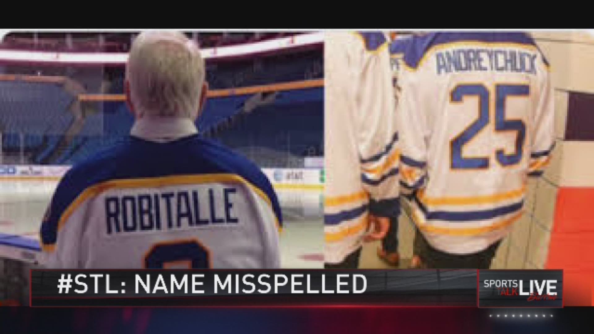Sabres alum Mike Robitaille comments on the misspelling of his name on his jersey as the team celebrates the 50th anniversary of the franchise.