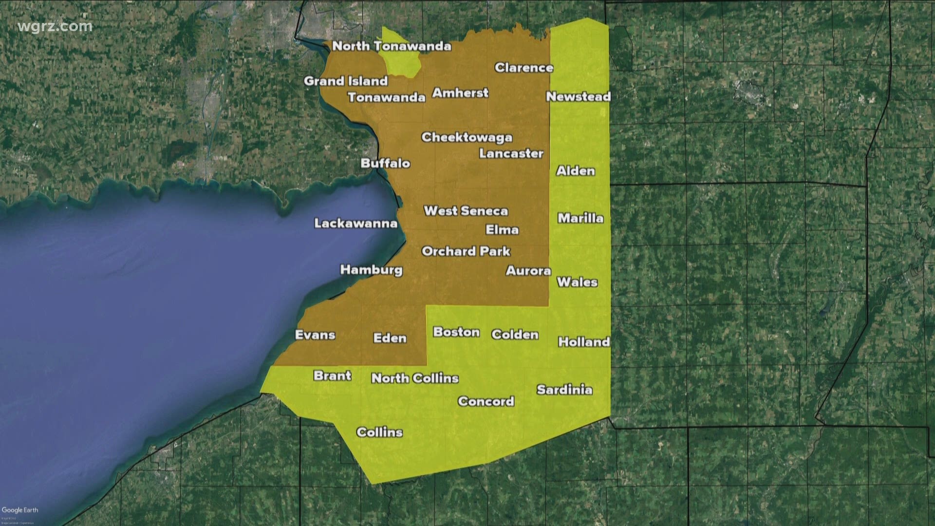 Parts of Erie Co. in orange zone, yellow zones