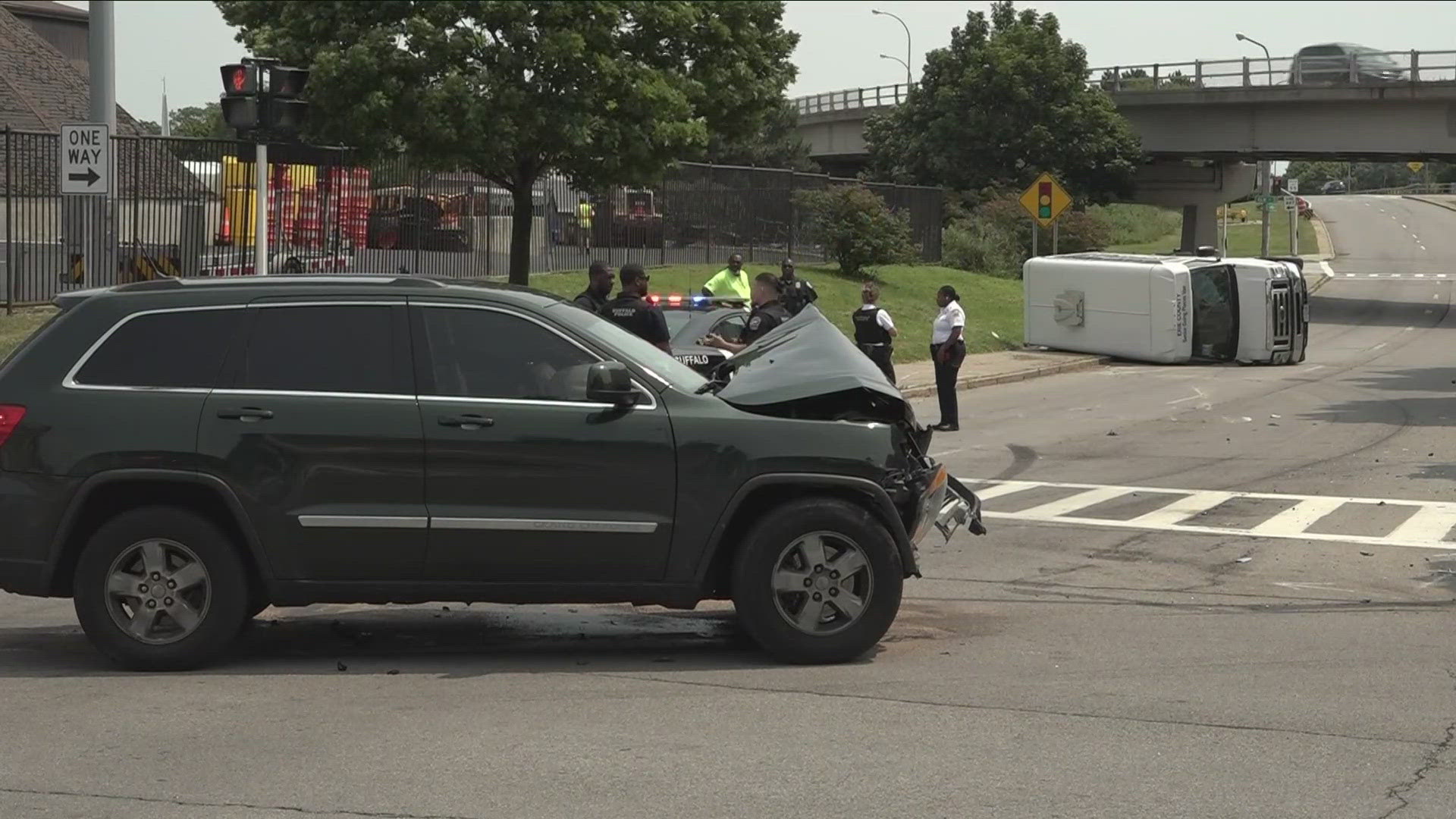 AN ERIE COUNTY TRANSPORT VAN ENDED UP ON ITS SIDE... AFTER A CRASH AT NORTH OAK AND EAST TUPPER STREETS IN BUFFALO.