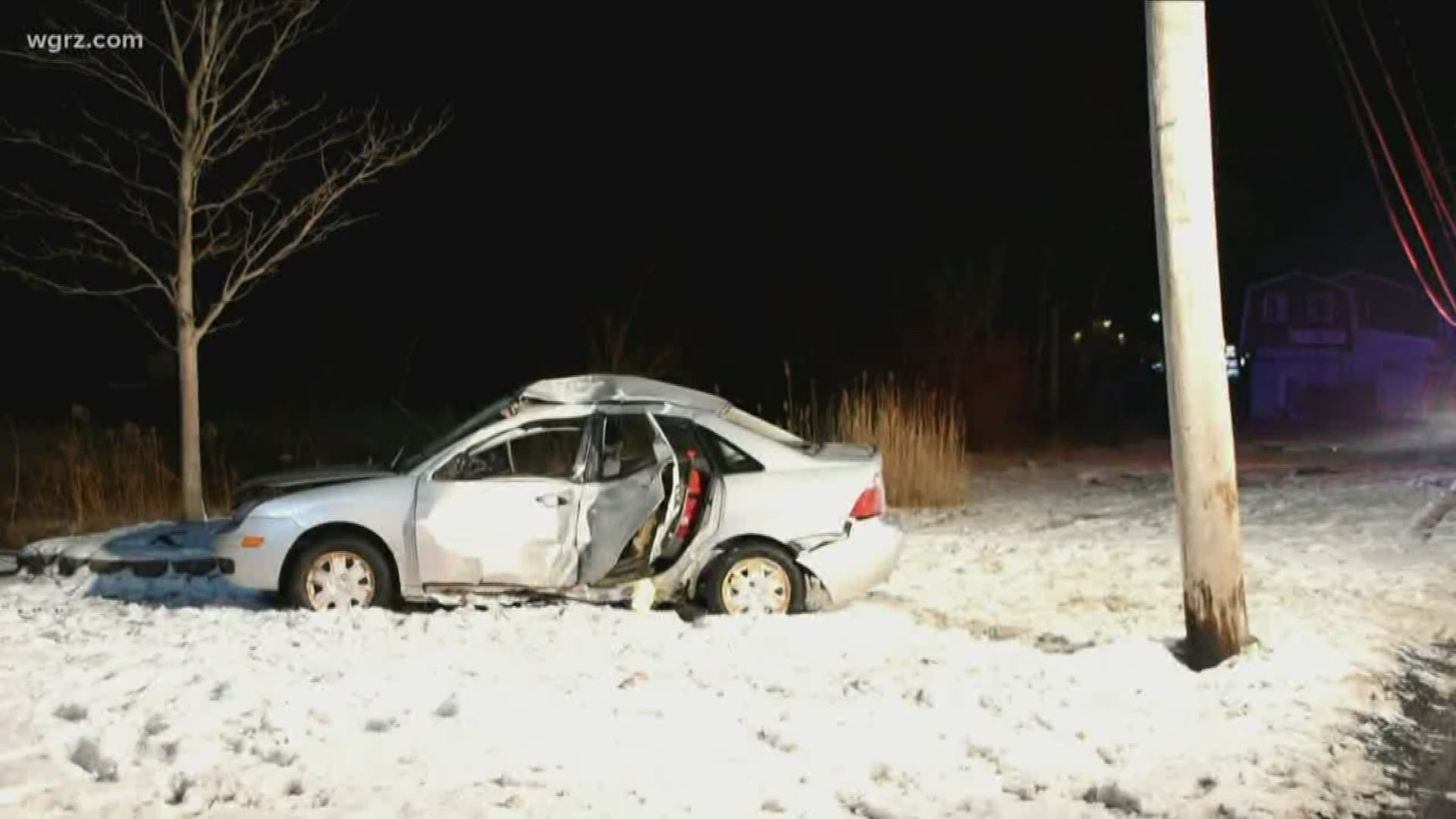 Investigators say a car driving along Niagara Falls Boulevard swerved off the road and crashed into a telephone pole.