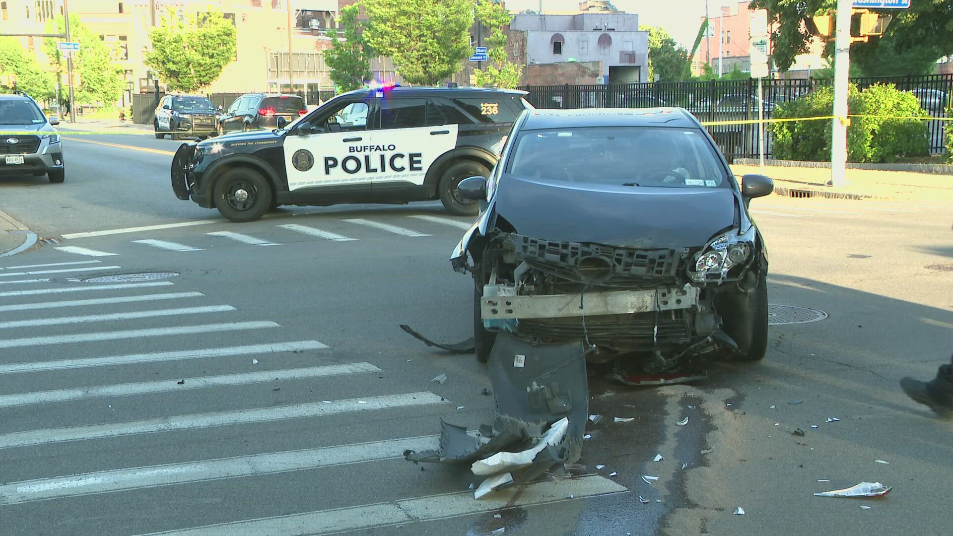 A Buffalo Police cruiser and another vehicle collided at a downtown intersection, injuring the officer involved.