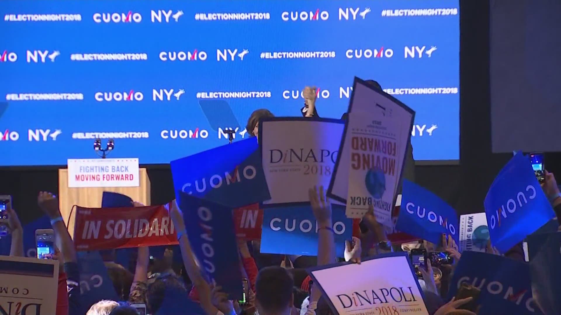 New York Governor Andrew Cuomo speaks following his third win