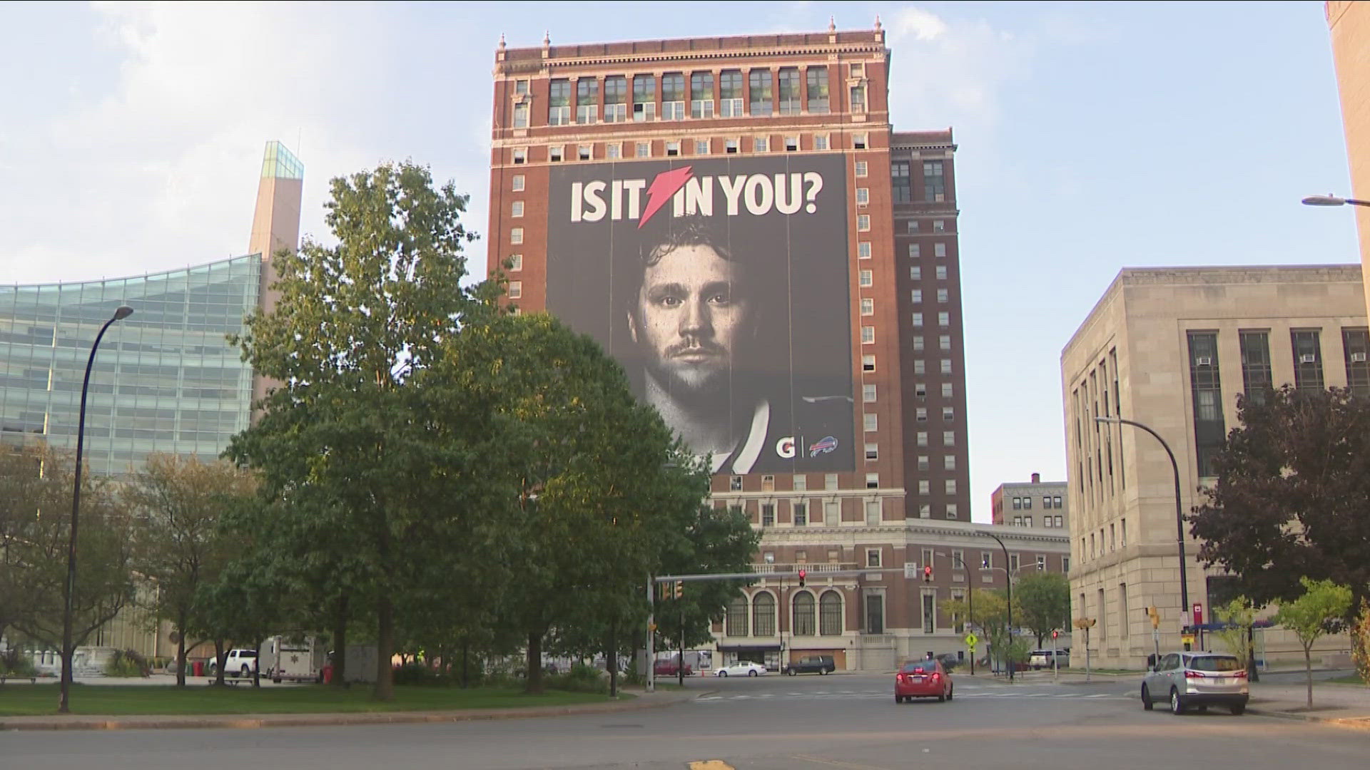 Giant Josh Allen looks down on Niagara Square 9/16/24