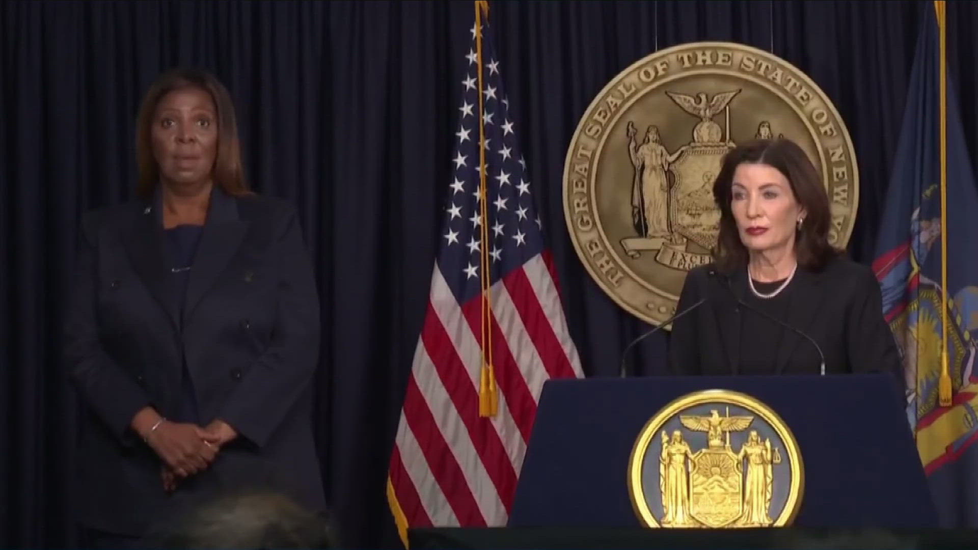 TODAY NEW YORK GOVERNOR KATHY HOCHUL AND STATE ATTORNEY GENERAL LETITIA JAMES HELD A JOINT NEWS CONFERENCE.
BOTH CONGRATULATED TRUMP ON HIS VICTORY