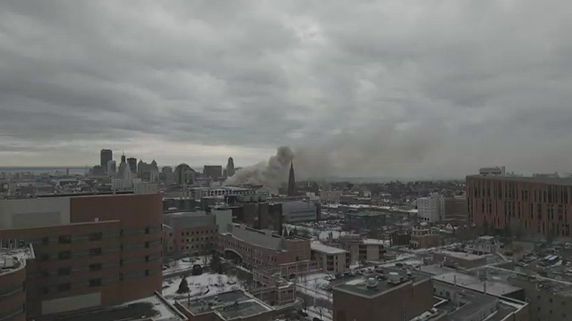 Drone footage of Main Street fire in downtown Buffalo