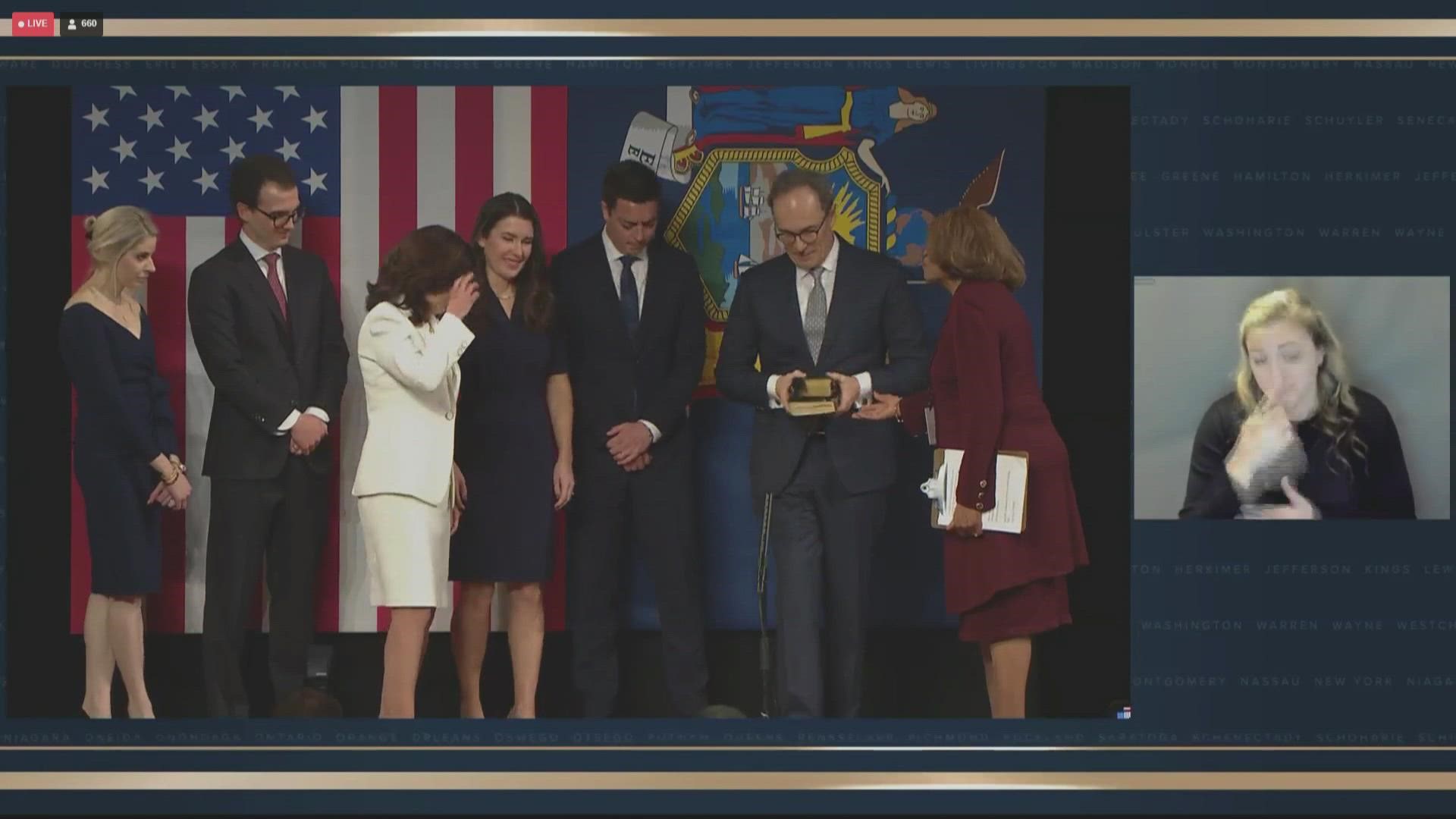 Gov. Kathy Hochul, Lt. Gov. Antonio Delgado, Attorney General Letitia James, and Comptroller Tom DiNapoli were sworn in for their next term on Sunday, Jan. 1, 2023.