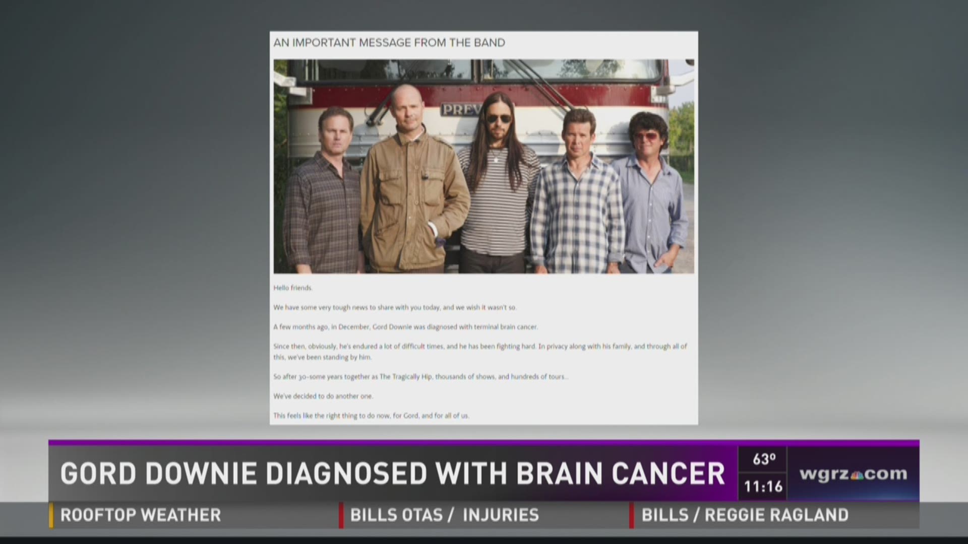 Tragically Hip's Gord Downie Reveals Brain Cancer Diagnosis