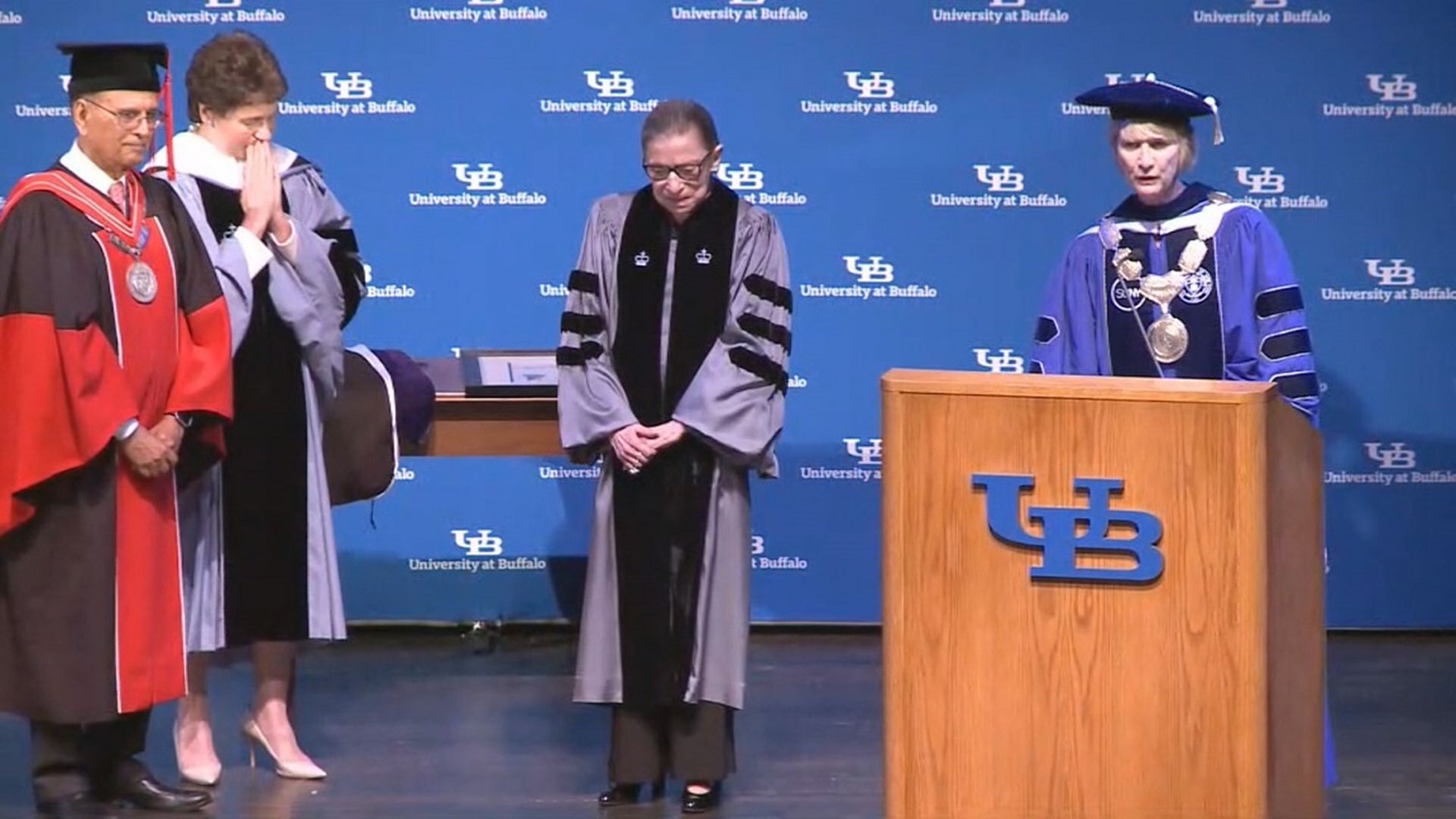 Justice Ruth Bader Ginsburg made her first public appearance on Monday since it was announced that she had undergone recent treatment for pancreatic cancer. Ginsburg received an honorary degree from the University at Buffalo.