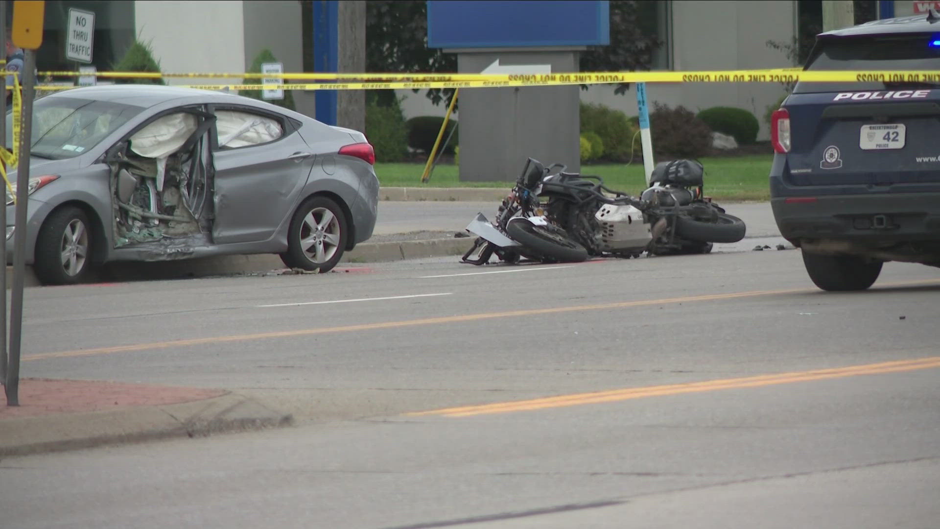 Police say a car was exiting a business on Walden Ave when it hit the Motorcycle heading eastbound. Cyclist underwent surgery today.