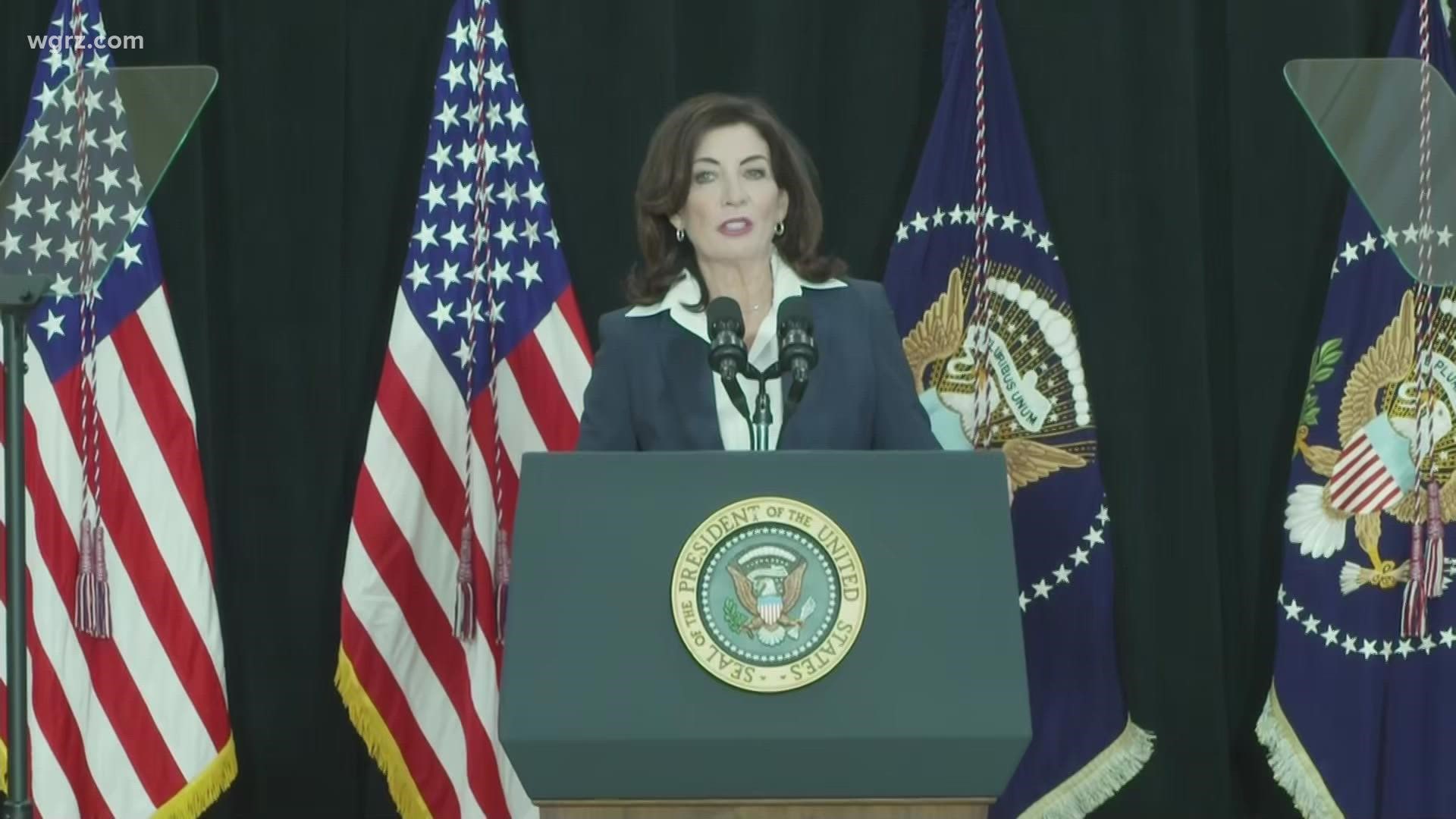 Gov. Kathy Hochul spoke at the Delavan Grider Community Center, ahead of President Biden's speech, three days after the mass shooting at Tops Market.