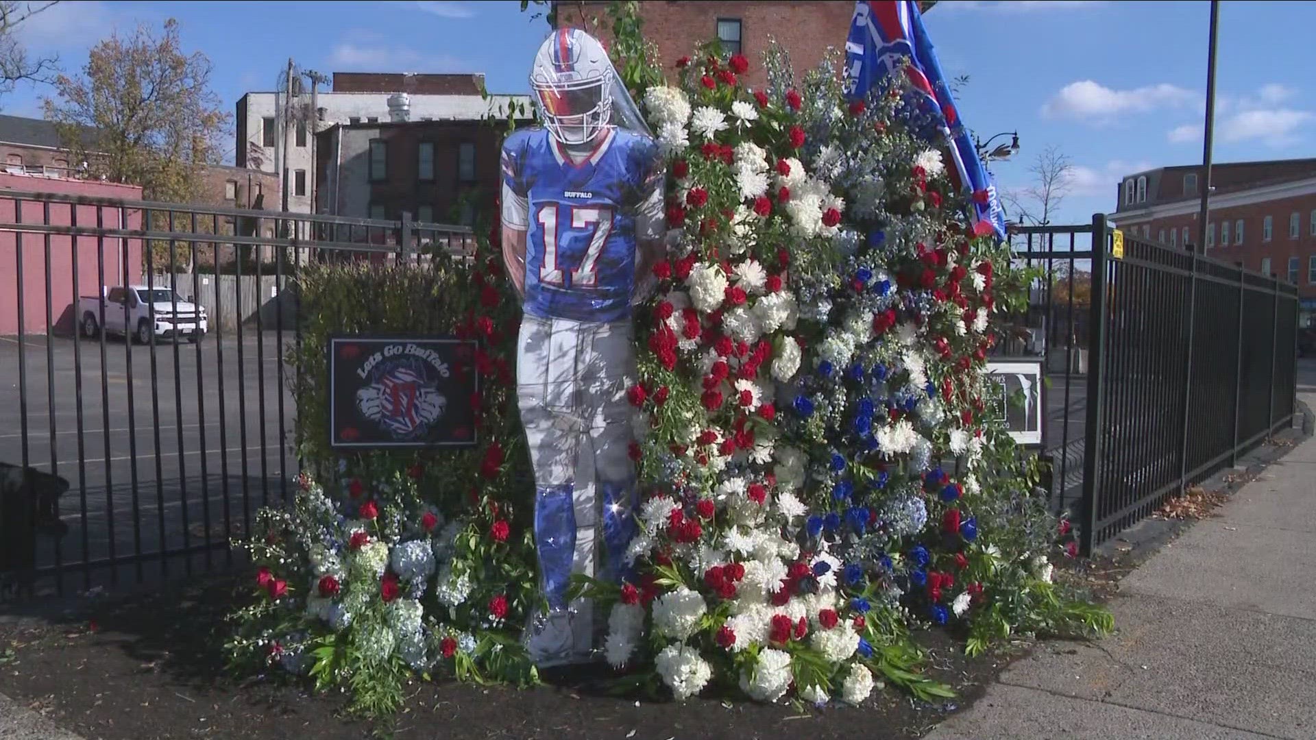 A flower display of fandom in downtown Buffalo