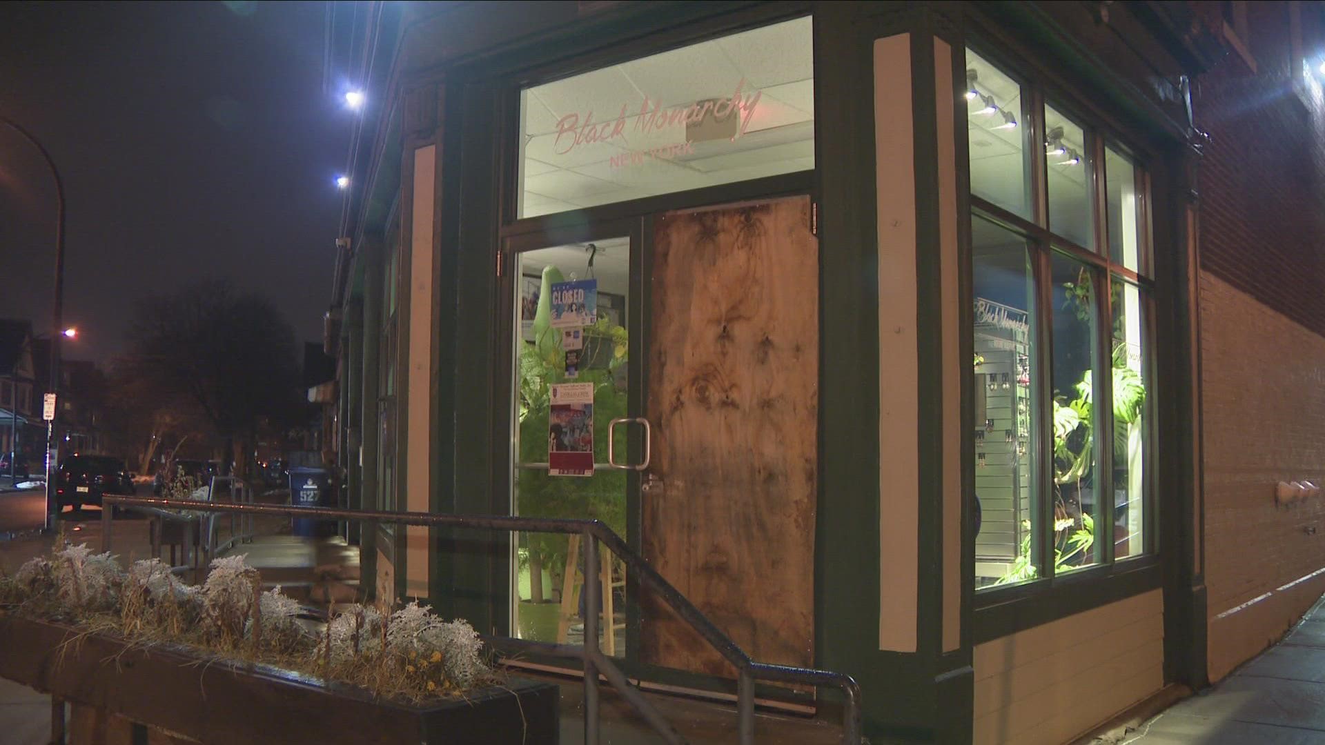 Black Monarchy on West Utica Street had their door smashed out. The owners of the shop said that they are "both devastated and heartbroken by this violation."