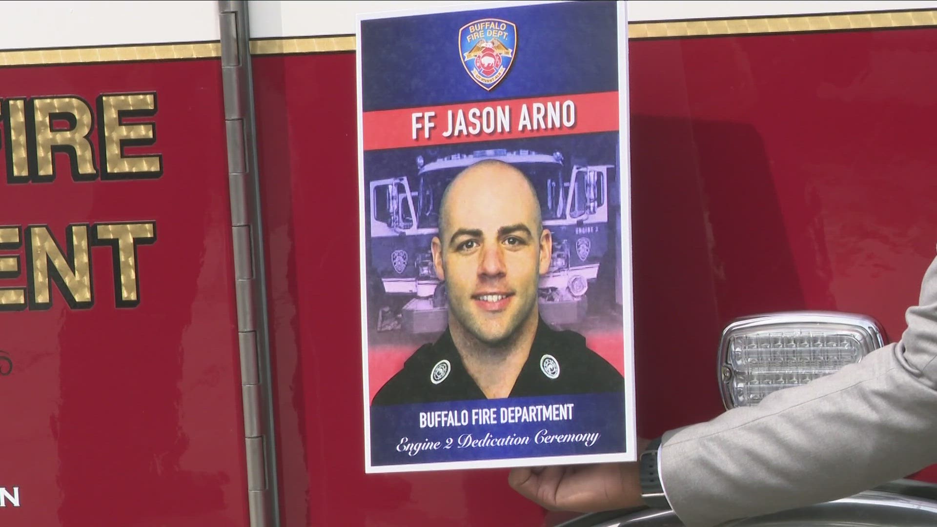 Buffalo Fire Department dedicated a new fire engine in the name of firefighter Jason Arno