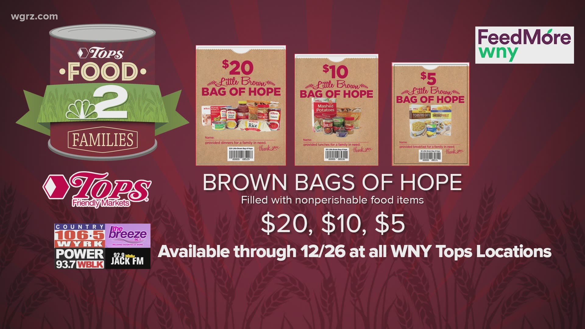 You can buy a "virtual" little brown bag of hope at area Tops locations through December 26th.
And this Friday you can drive up and donate money or non-perishables.