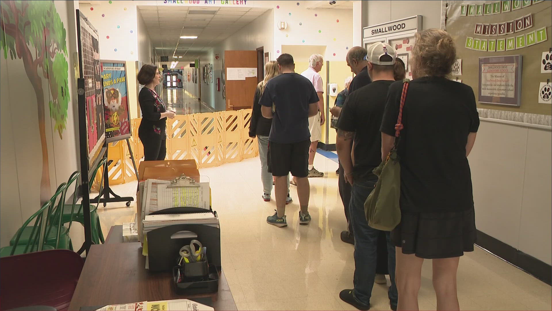 Voters lined up at Smallwood Drive Elementary School in Amherst today to cat their ballots