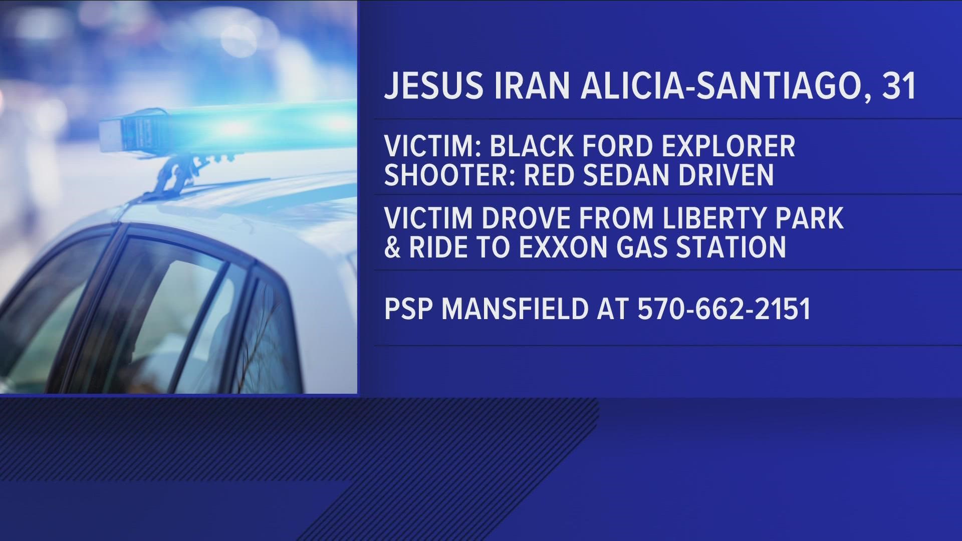 PA state police say that Jesus Alicia-Santiago was shot in his SUV near a Park-And-Ride Station in Mansfield.
