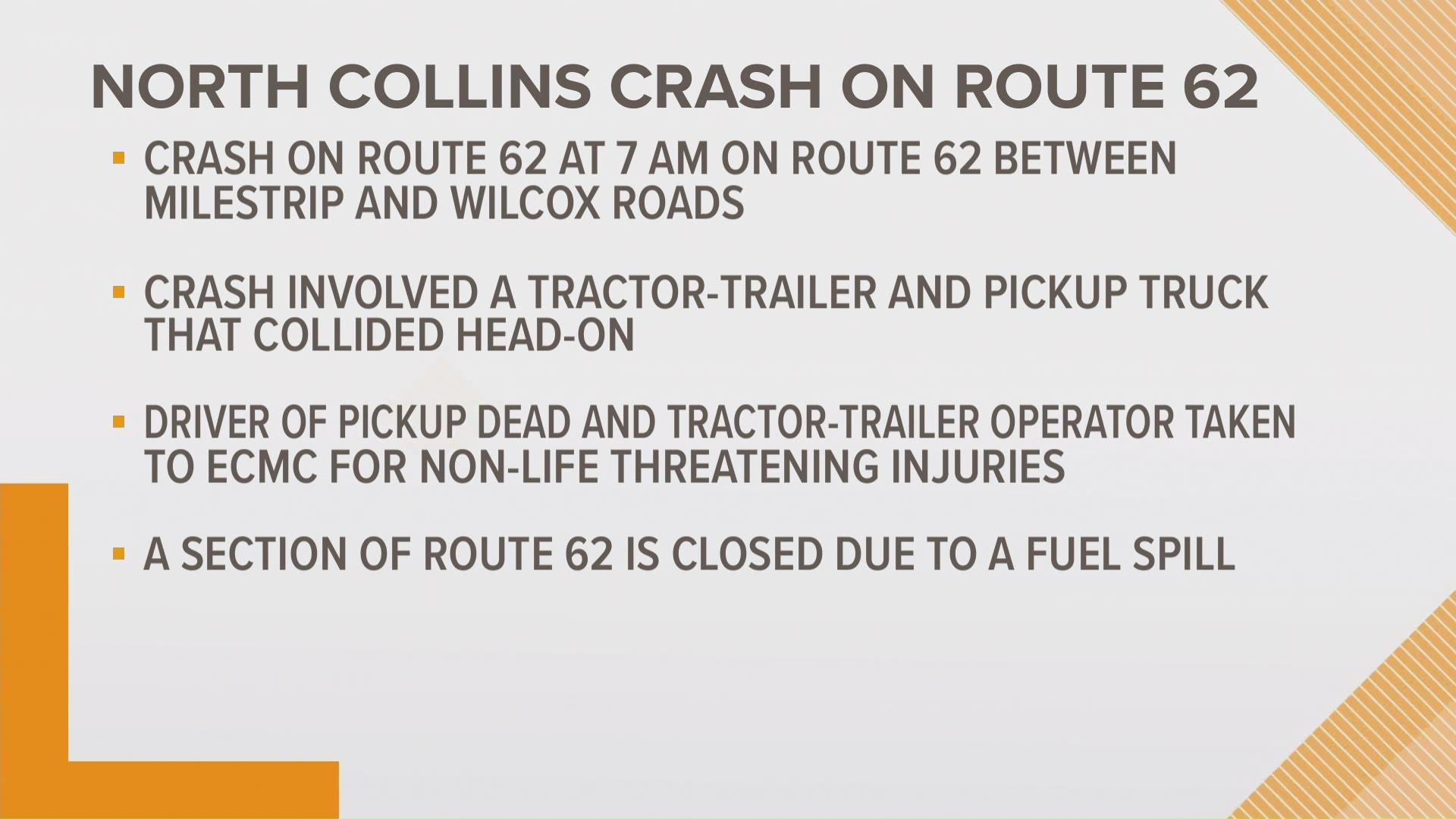 THE CRASH INVOLVED A TRACTOR-TRAILER AND PICK-UP TRUCK THAT COLLIDED HEAD-ON... THE DRIVER OF THE PICK-UP DIED.