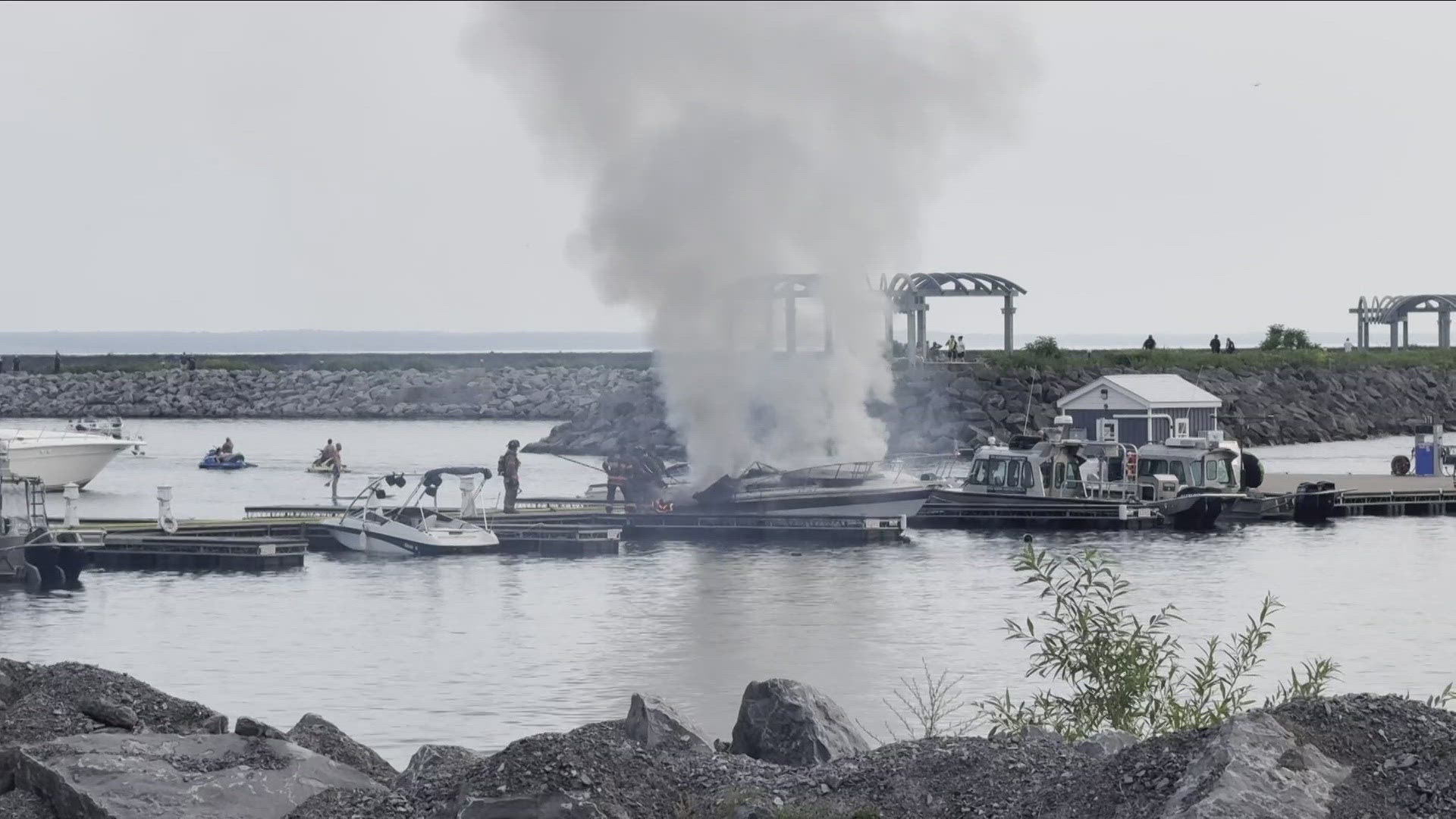 The boat fire was reported around 6:45 p.m. Thursday. Two people were on board.