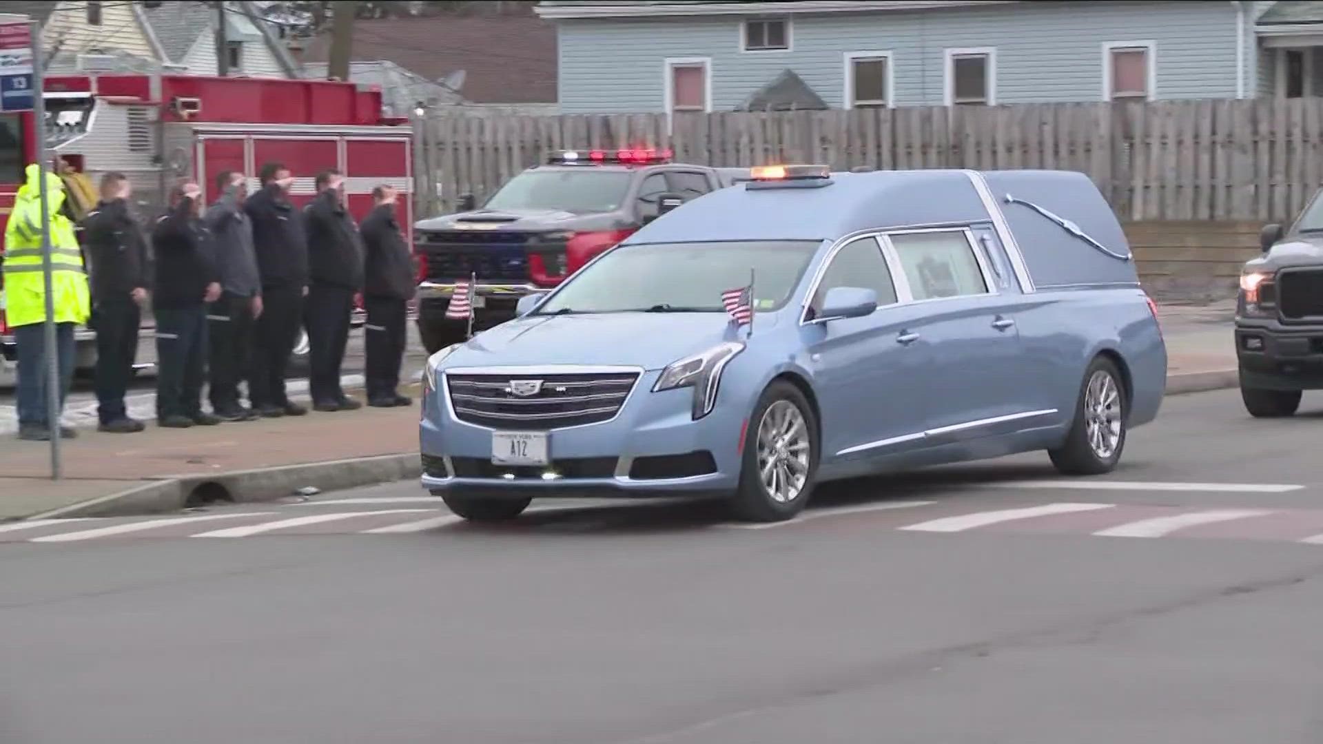A procession for fallen Buffalo firefighter Jason Arno began at 4 p.m. at ECMC and ended at Amigone Funeral Home on Delaware Avenue around 4:15 p.m.
