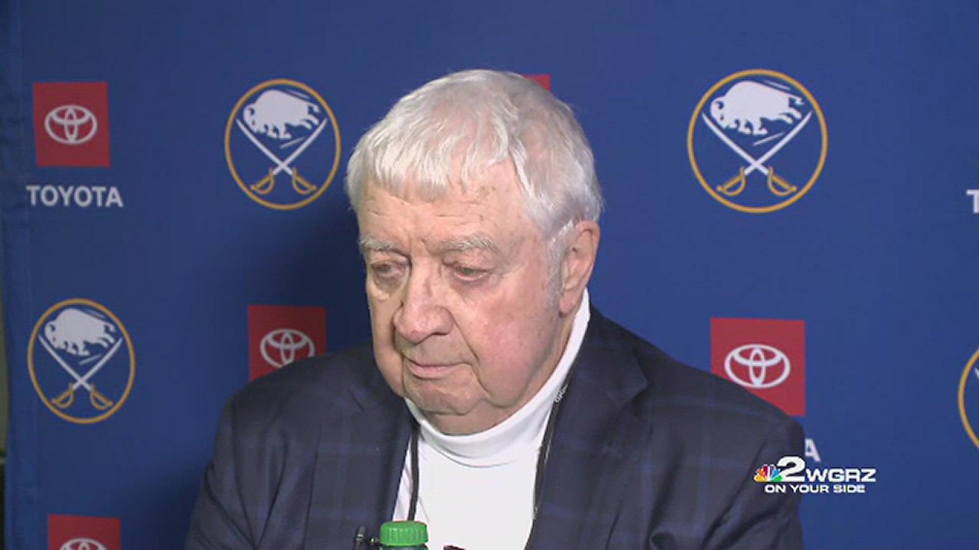 After 51 years behind the microphone, the Sabres' Rick Jeanneret saw a banner dedicated to him raised at KeyBank Center on Friday night.