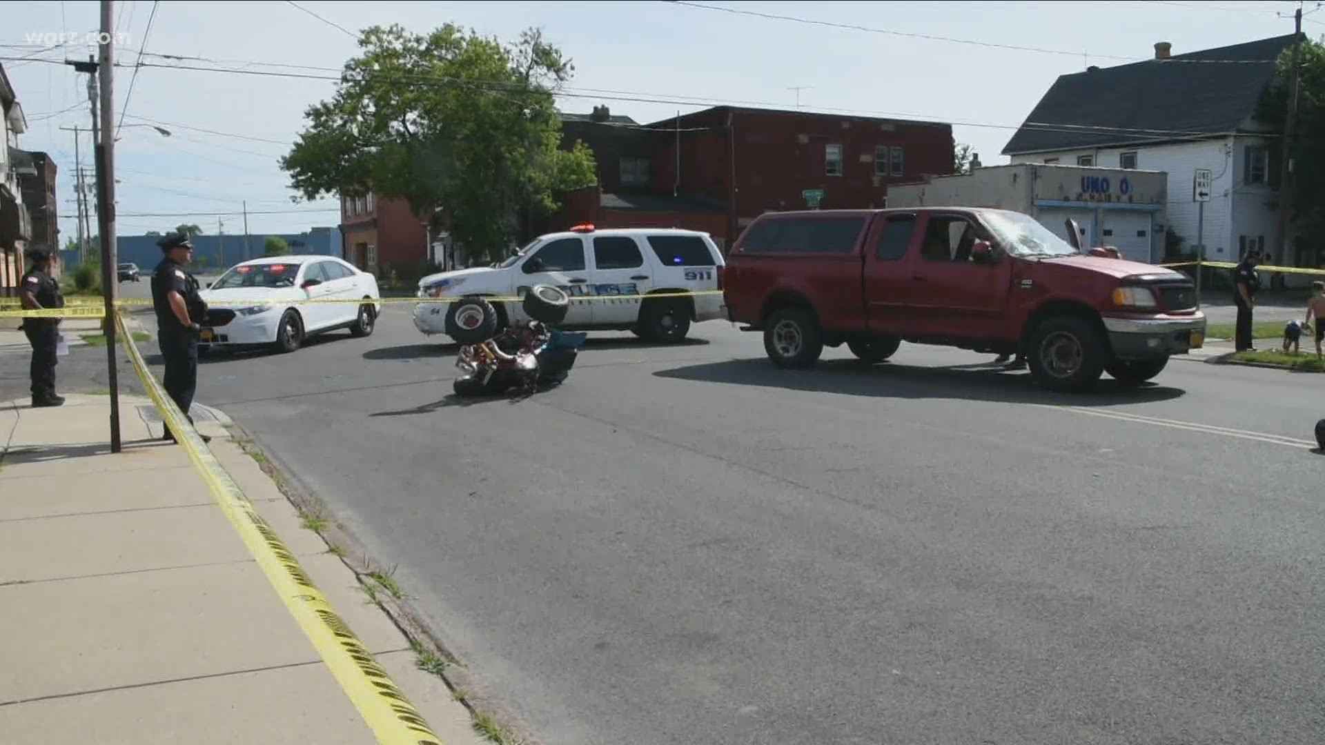 The driver of the ATV was going the wrong way on a one-way street. The ATV collided with a Ford F-150 pickup truck.