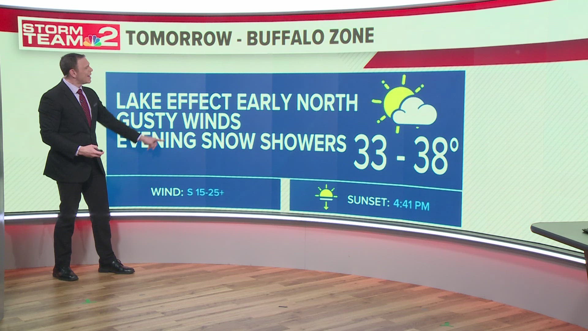 Wednesday brings lake effect snow in the North, near Lake Ontario. Gusty winds and widespread snow later in the the day; temperatures between 33 and 38 degrees.