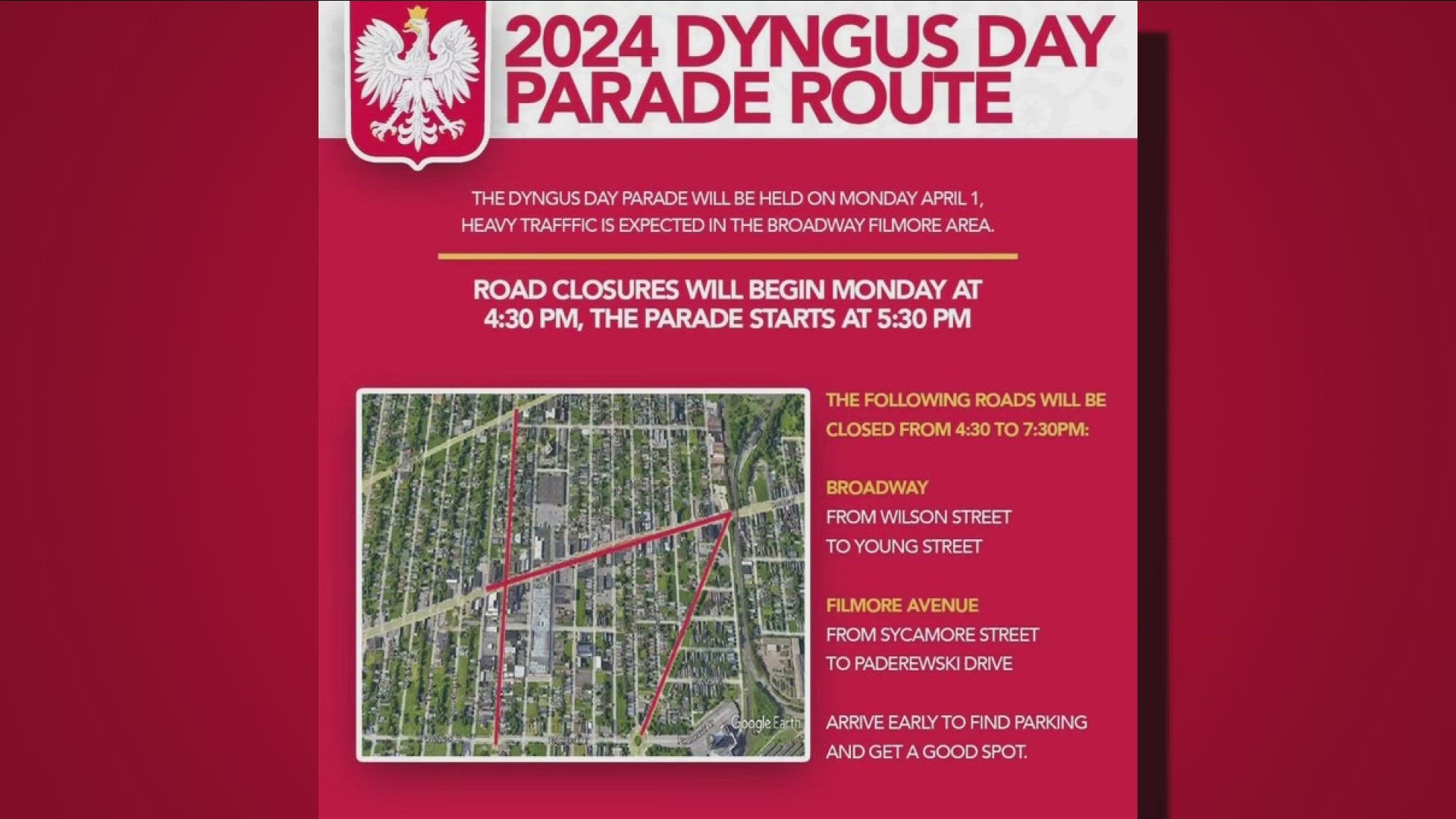 if you're going to the Dyngus Day parade, you should arrive early to find parking and get a good spot.