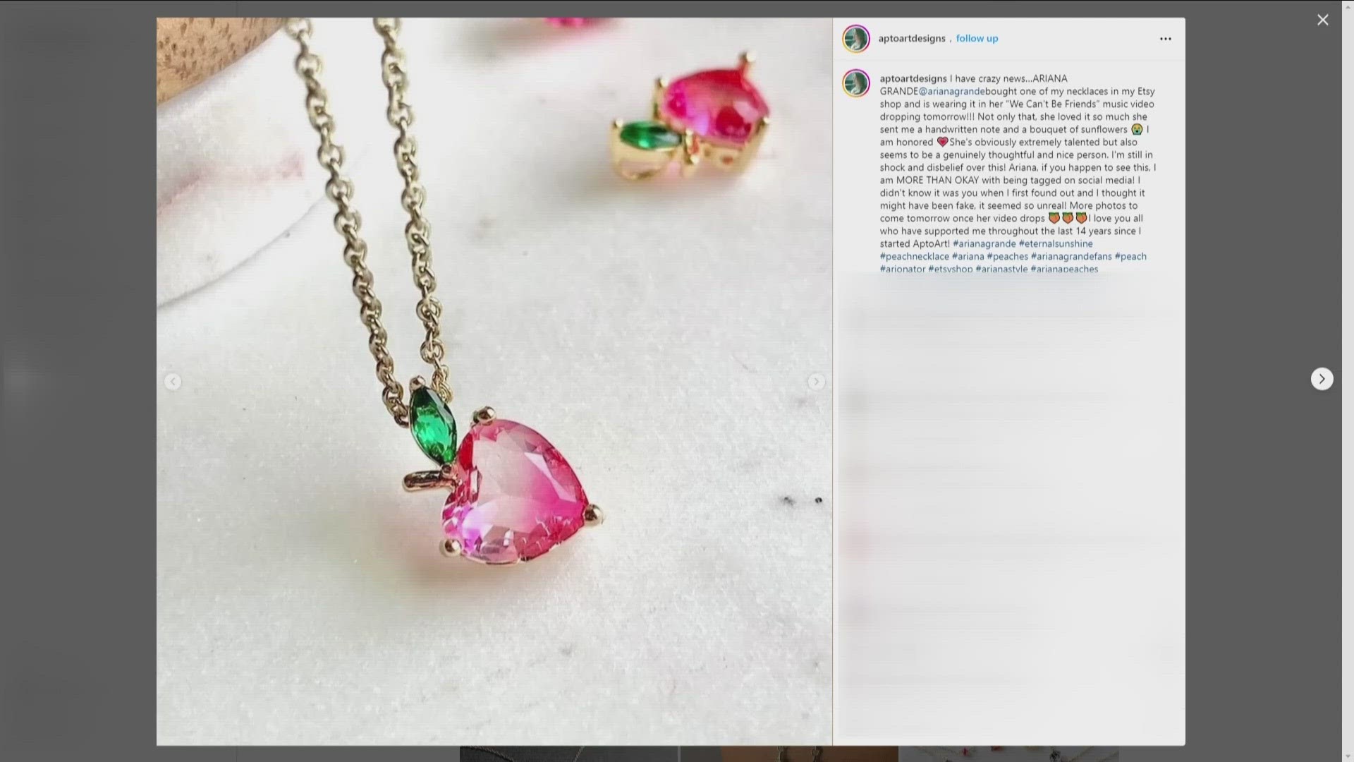 Grace Raines of Apto Art Designs shared on Instagram that the signer purchased a pink peach necklace from her Etsy shop.