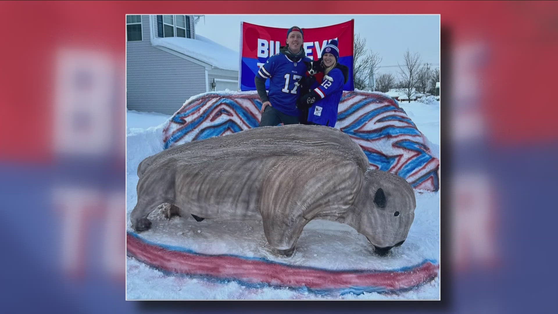 Brent Bliss sculpted a giant buffalo out of snow as a display of his team spirit.