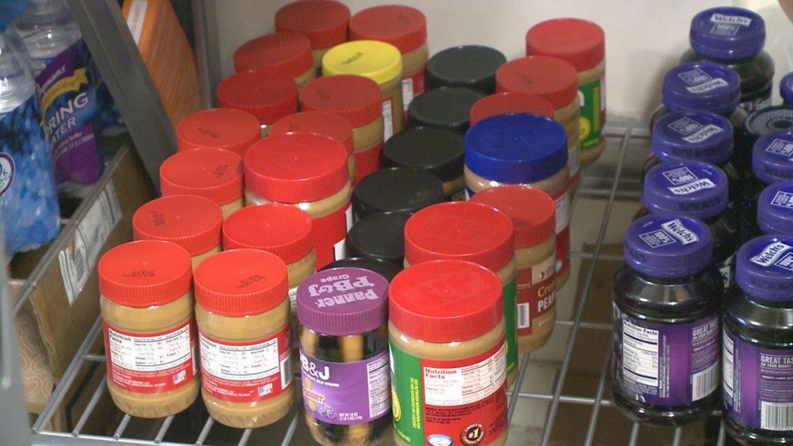 Community drive collecting jars of peanut butter, jelly, fluff to help