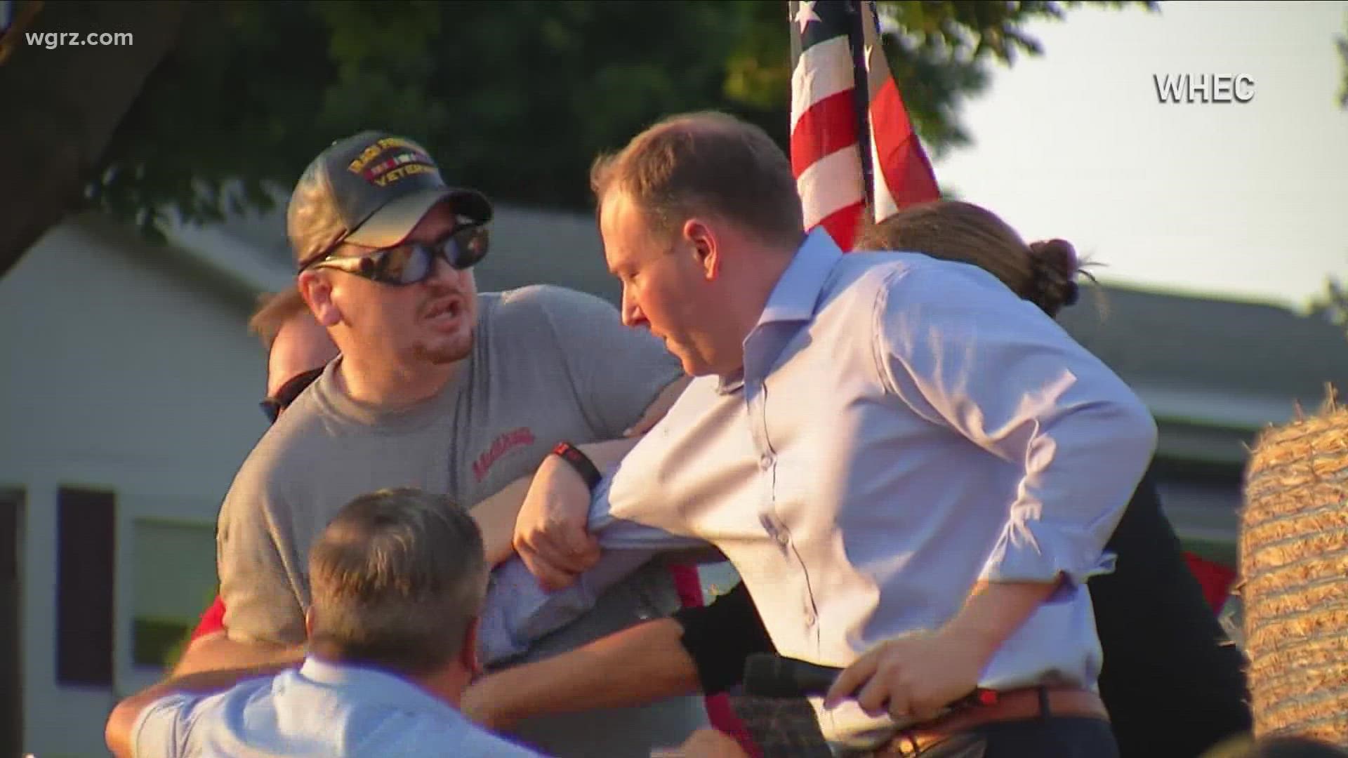 Republican gubernatorial candidate Lee Zeldin was attacked by a man with a knife during a Monroe County campaign event on Thursday. He was not injured.