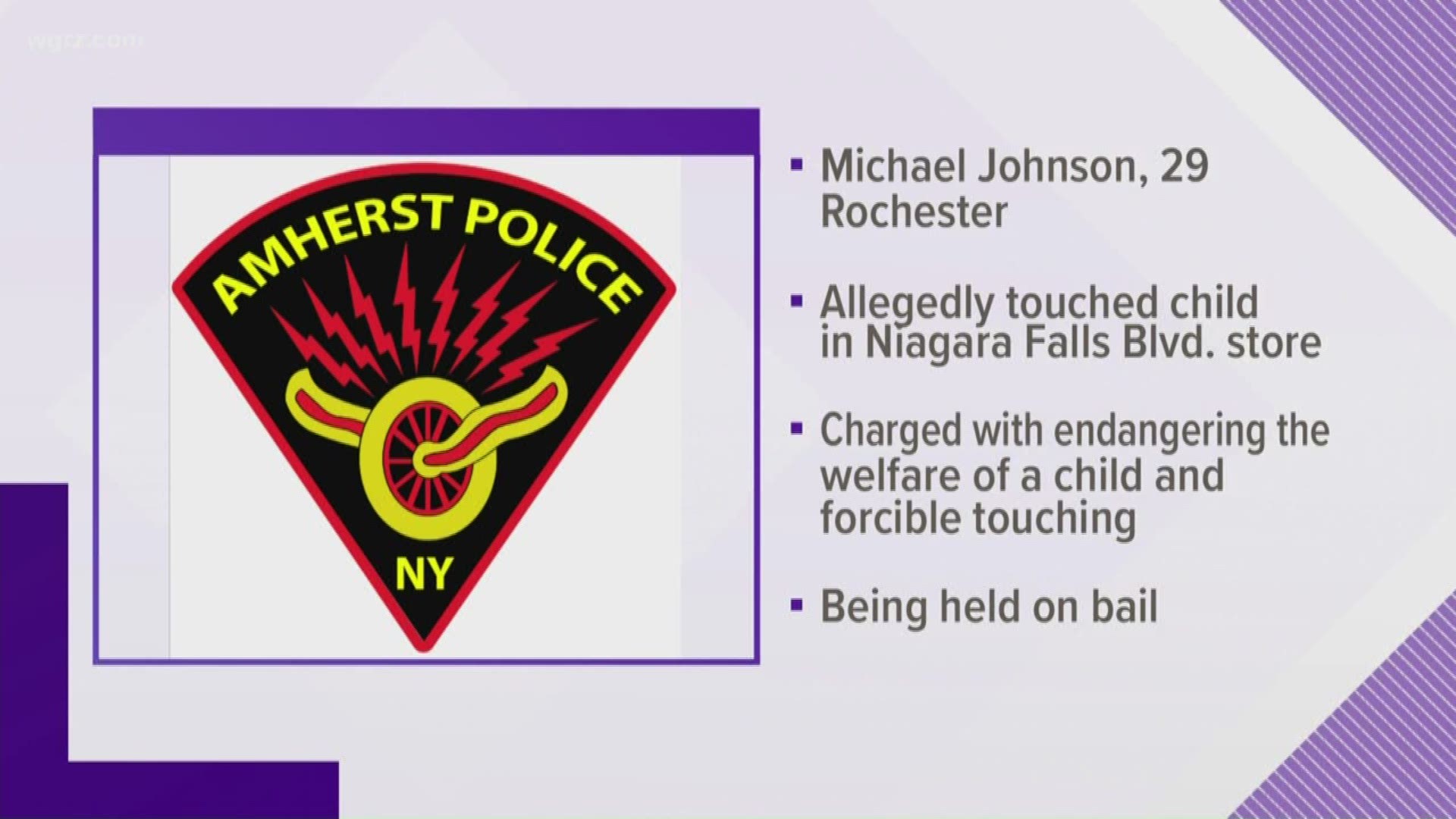 Police say 29 year old Michael Johnson was arrested after a 10 year old boy reported being touched by the man at a department store on Niagara Falls Boulevard this afternoon.