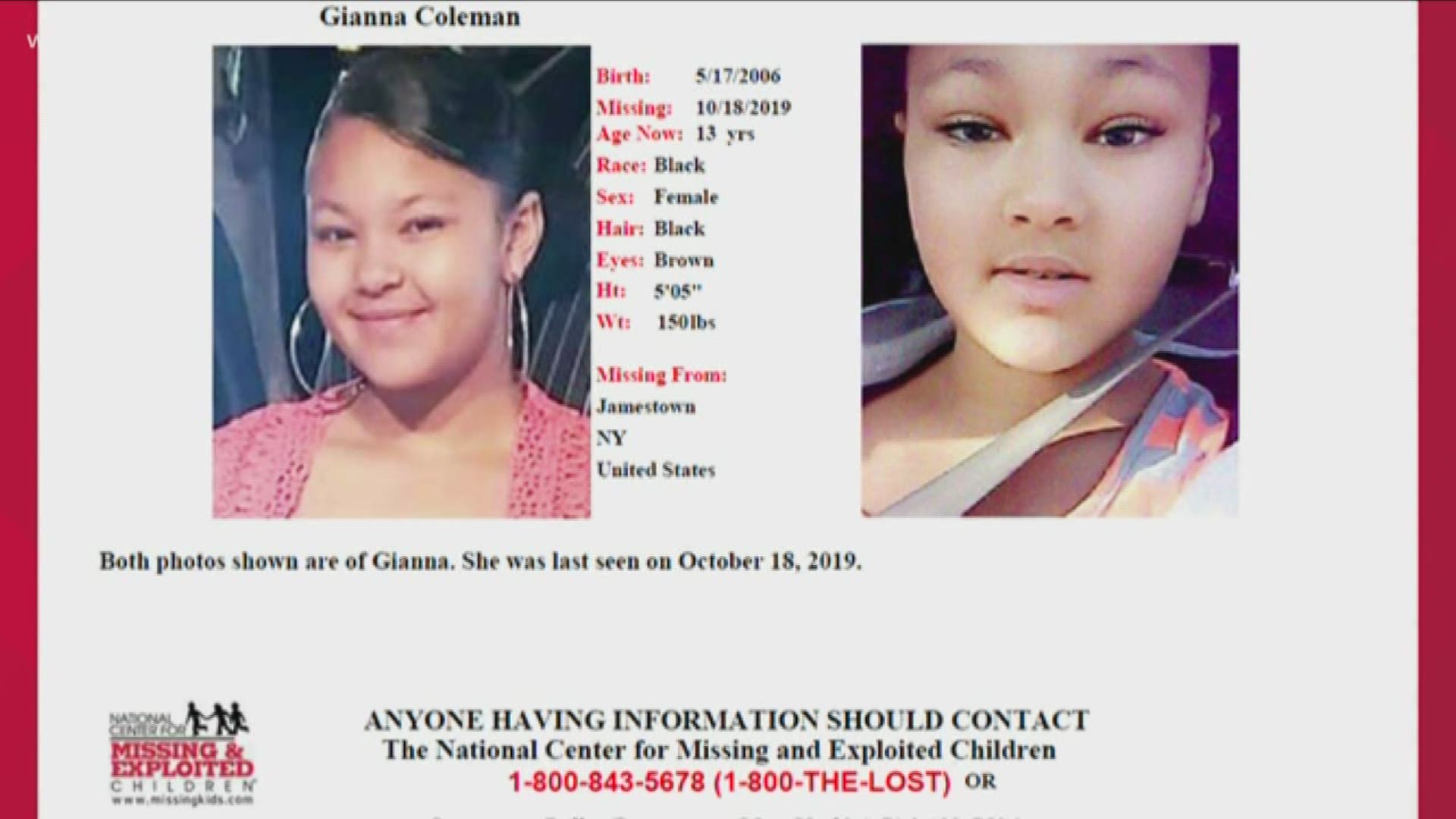 13 year old Gianna Coleman has been missing since October 21st. She is 5 foot 5 inches, and weighs about 150 pounds. She has black hair and brown eyes.